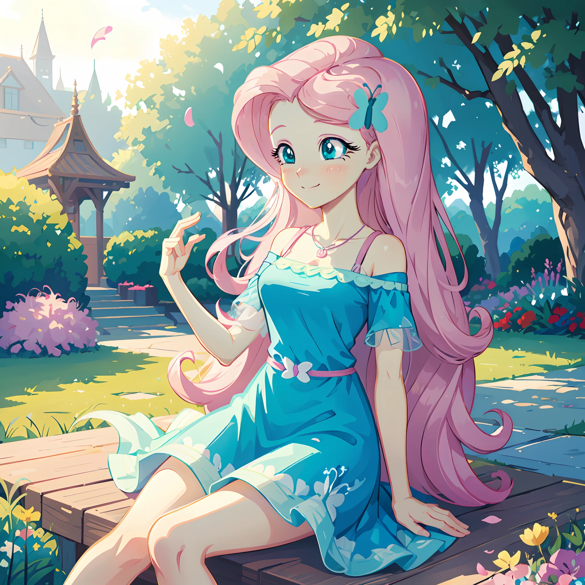 Fluttershy, fluttershy from my little pony, fluttershy in the form of a girl, big lush breast, (best quality, 8k, masterpiece:1.2,),Cutest,Cute girl,solo, ,Beautiful face, Beautiful eyes, Beautiful hair, Light pink long wavy hair, Lots of colorful flowers, sitting down happily but languidly, soft sunlight, vivid colors, shimmering turquoise eyes, falling petals, peaceful garden, butterflies, lovely turquoise dress, innocent smile,blissful atmosphere, serene background, dreamy ambiance, lively atmosphere, sparkling dewdrops, charm, magical garden, pastel hues, gentle breeze, dainty features,endearing beauty, enchanted scenery.