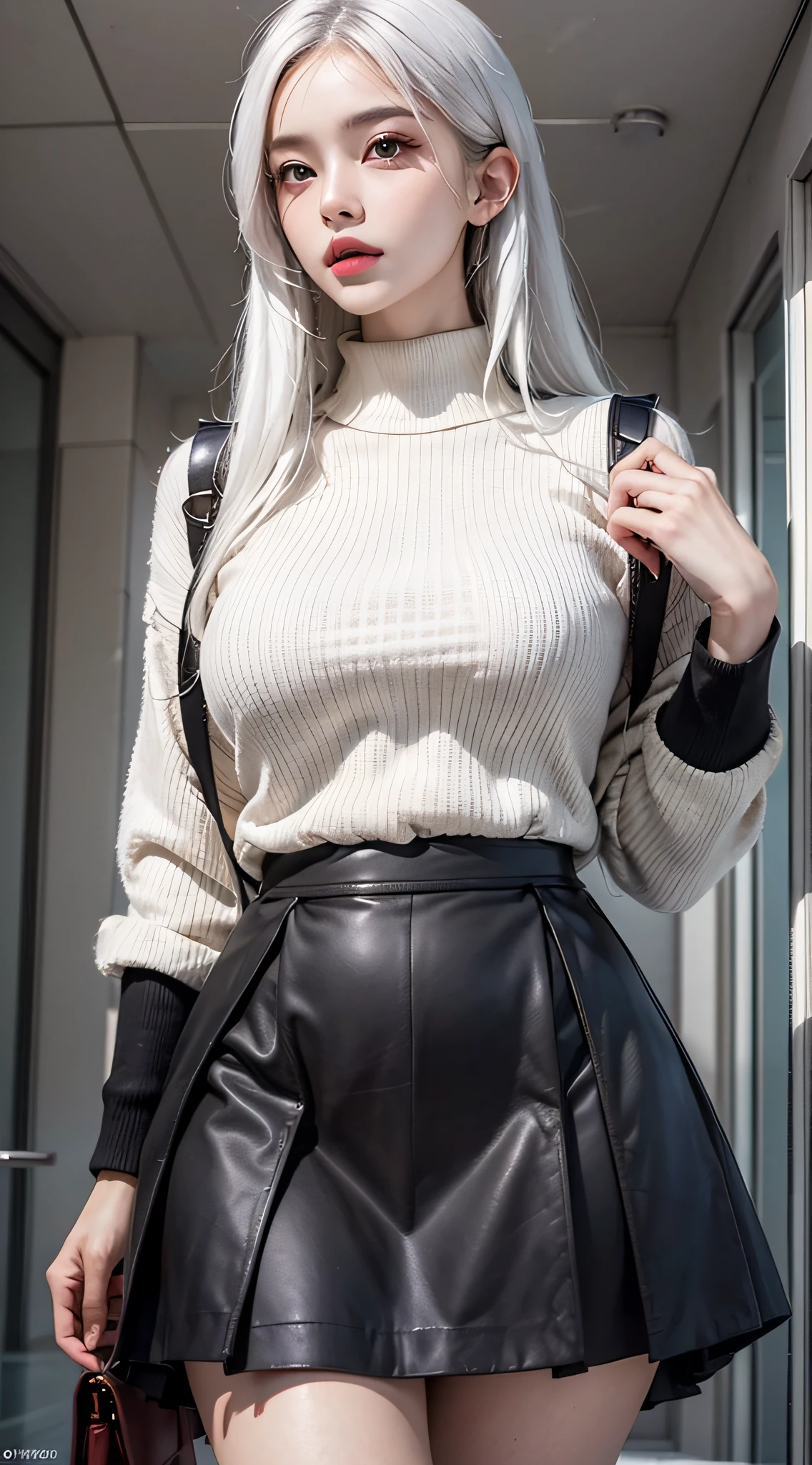 Photorealistic, high resolution, 1womanl, Solo, full bodyesbian, view the viewer, (Detailed face), White hair, Long hair, Sweater, Black skirt，multiple angle，frontage，Lateral face