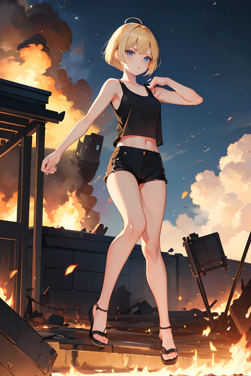 during night、Explosion and flames at the naval base、Exploding buildings、cute blonde girl、cute face、elegant sleek smooth body、full body Esbian、Short bob hair、a blond、blue eyes、Black tank top、sexy black shorts、Wearing black shorts