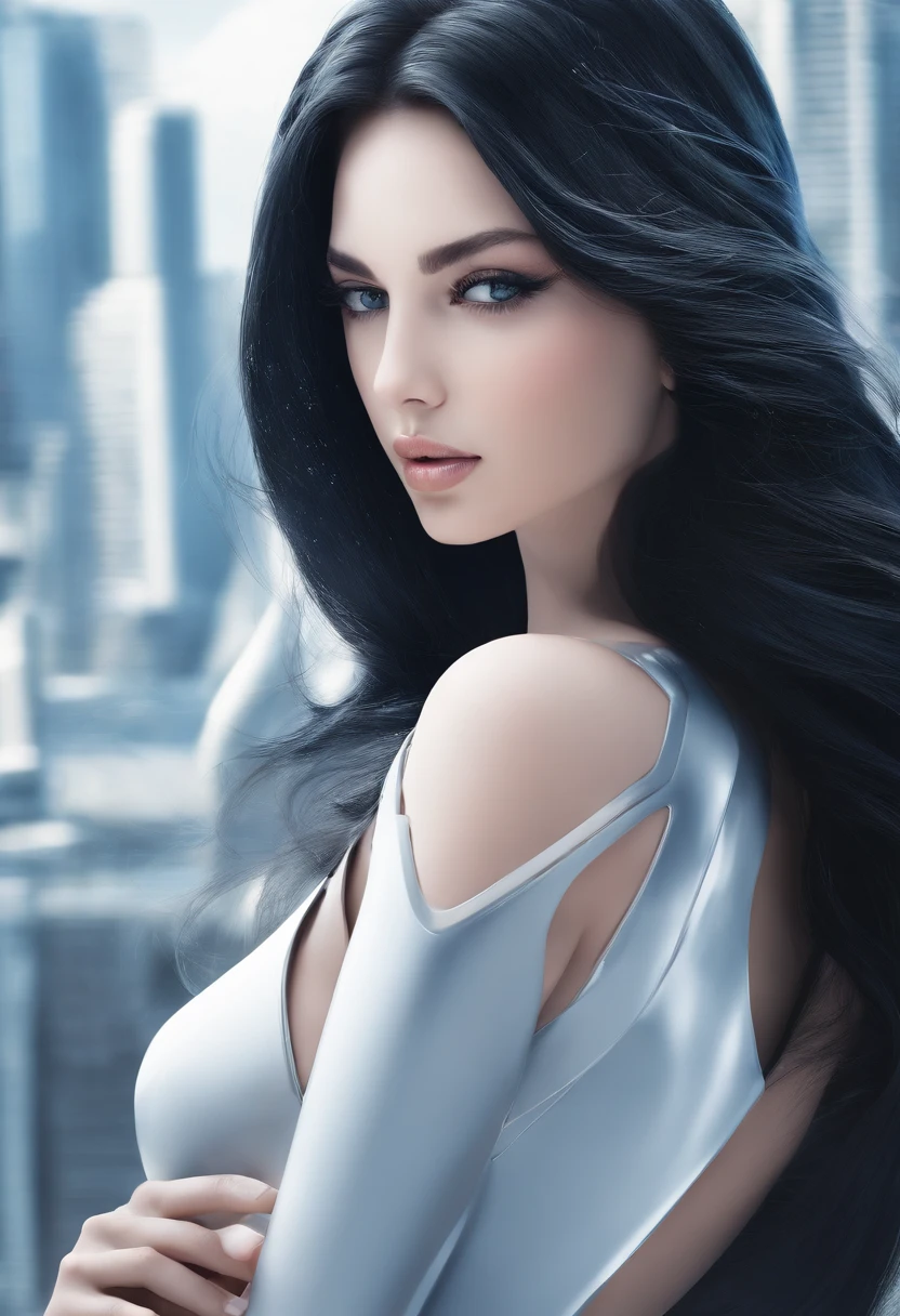 beautiful, perfect, girl, long black hair, blye eyes ,pale skin, curvy figure, short in hight, long black silky dress, real , D cup brests, bere foot, hair down, perfect butt