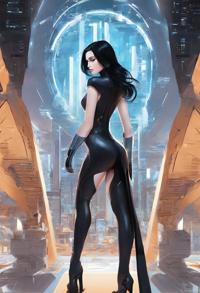 beautiful, perfect, girl, long black hair, blye eyes ,pale skin, curvy figure, short in hight, long black silky dress, real , D cup brests, bere foot, hair down, perfect butt