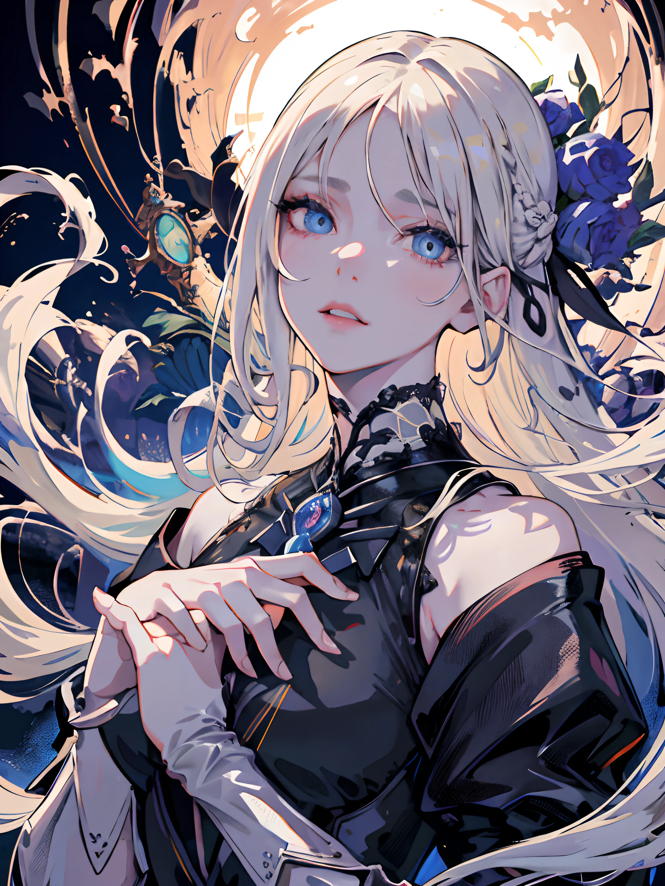 ((masterpiece, best quality)), (1girl), (solo), (female focus), (ash blonde hair, long hair), green eyes, arms behind back, sad eyes, cold facial expression, cold look, gothic dress, pale skin, colour grading, dark illustration, extreme quality, radiant, extremely detailed, ultra-detailed face, ultra hd 8k, ultra digitality, mythical, dark lightning, perfect face, beautiful, (perfect composition: 1. 4), detailed face and body, award-winning photography , fields, detailed face, detailed hands, looking at the viewer, cinematic lighting, embers, fantasy background, water splashes, foggy haze, (necromancer), (villain), faux traditional media, (masterpiece, best quality, ultra-detailed, best shadow), (beautiful detailed face, feminine features), (best illumination), ((cinematic light)), colorful, hyper detail, dramatic light, intricate details, (dark circle under eyes), gothic, decadence, stunning, eerie