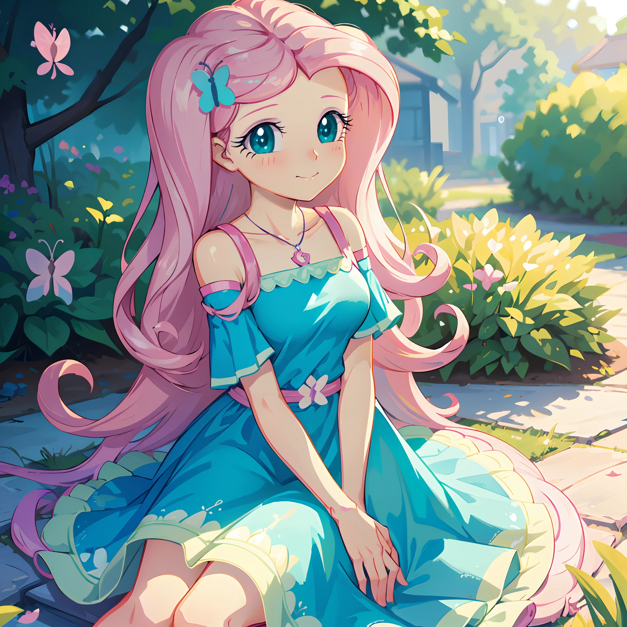 Fluttershy, fluttershy from my little pony, fluttershy in the form of a girl, big lush breast, (best quality, 8k, masterpiece:1.2,),Cutest,Cute girl,solo, ,Beautiful face, Beautiful eyes, Beautiful hair, Light pink long wavy hair, Lots of colorful flowers, sitting down happily but languidly, soft sunlight, vivid colors, shimmering turquoise eyes, falling petals, peaceful garden, butterflies, lovely turquoise dress, innocent smile,blissful atmosphere, serene background, dreamy ambiance, lively atmosphere, sparkling dewdrops, charm, magical garden, pastel hues, gentle breeze, dainty features,endearing beauty, enchanted scenery.