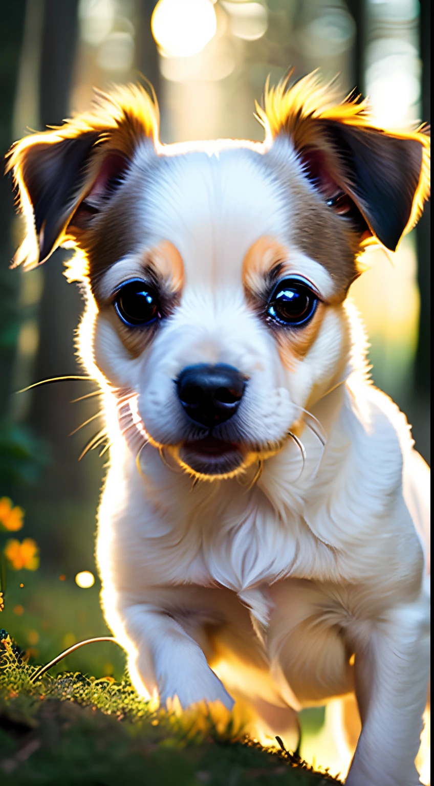 8K、Close-up photo of a very cute jumping puppy in the forest、name:Jack Russell 㹴 coat color: blanche&Castanhos escuros,Chubby round puppy(8K images)、(The is very detailed、(Doggy)、(Czech Russell)The color of the short hair Czech Russell coat is white,Brown soft volumetric light、(back Lighting:1.3)、(Cinematic:1.2)、intricately details、(art stations:1.3)、rootkowski