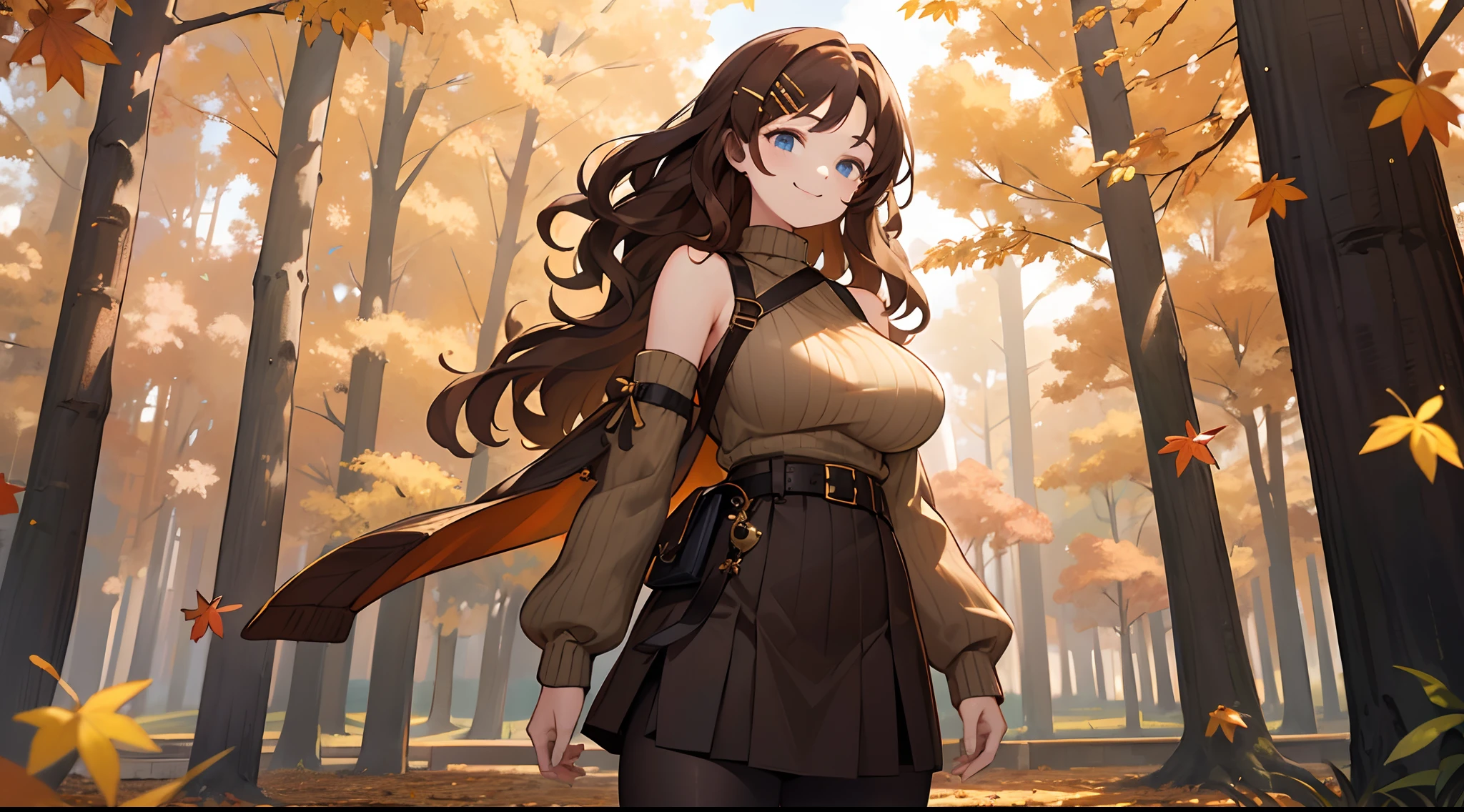masterpiece,best quality,ultra detailed,8k,tall,big female,gigantic breasts,young,20 years old,medium hair,wavy hair,brown hair,hairclip,happy,smile,brown sweater,ribbed sweater,bare shoulders,detached sleeves,belt buckle,black tights,boots,strapless,fall leaves,park,autumn leaves,outdoors,upper body,standing,