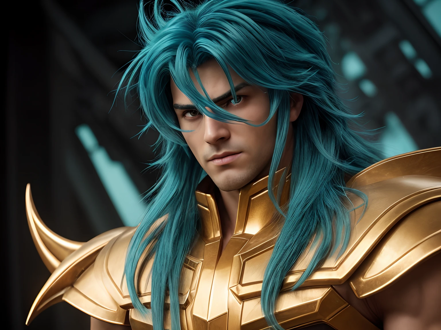 Cinematic stunningly detailed and ultra-realistic Milo Scorpio of Saint Seiya. Close up. He is wearing a light blue t-shirt. Octane is the perfect tool to capture the softest details of this 16k photography masterpiece. He is a handsome caucasian man about 30 years old. 1boy. Beautiful face. Detailed face. Beautiful nose. ((Pretty big turquoise eyes)). Perfect eyes. Defined eyes. Shaved. He has long ((purple)) hair. Messy hair. ((Shaved)). . He is staring his enemy.
