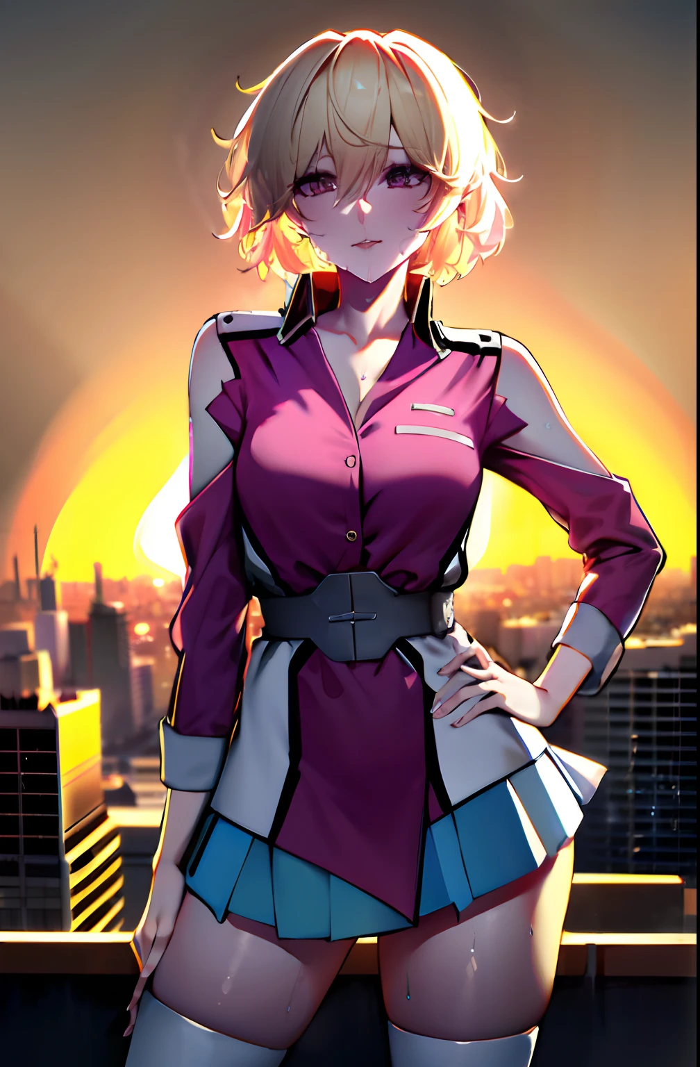 masterpiece, best quality, highres, 8k, detailed face, outfit1, sl1, 1girl, skirt, military uniform, short hair, blonde, medium breasts, messy hair, thighhighs, hand on hips, sunset, sexy pose, seductive pose, seducing, sweating, seducing, skyscraper, cityscape