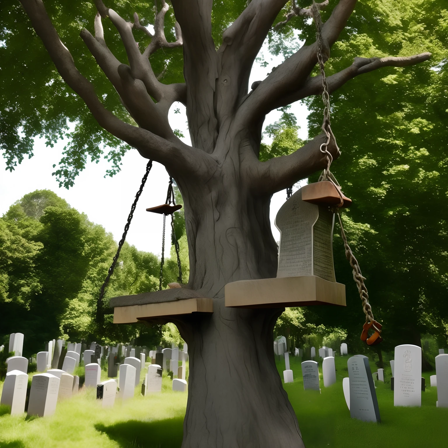 A tree with a swing hanging from it with a gravestone underneath