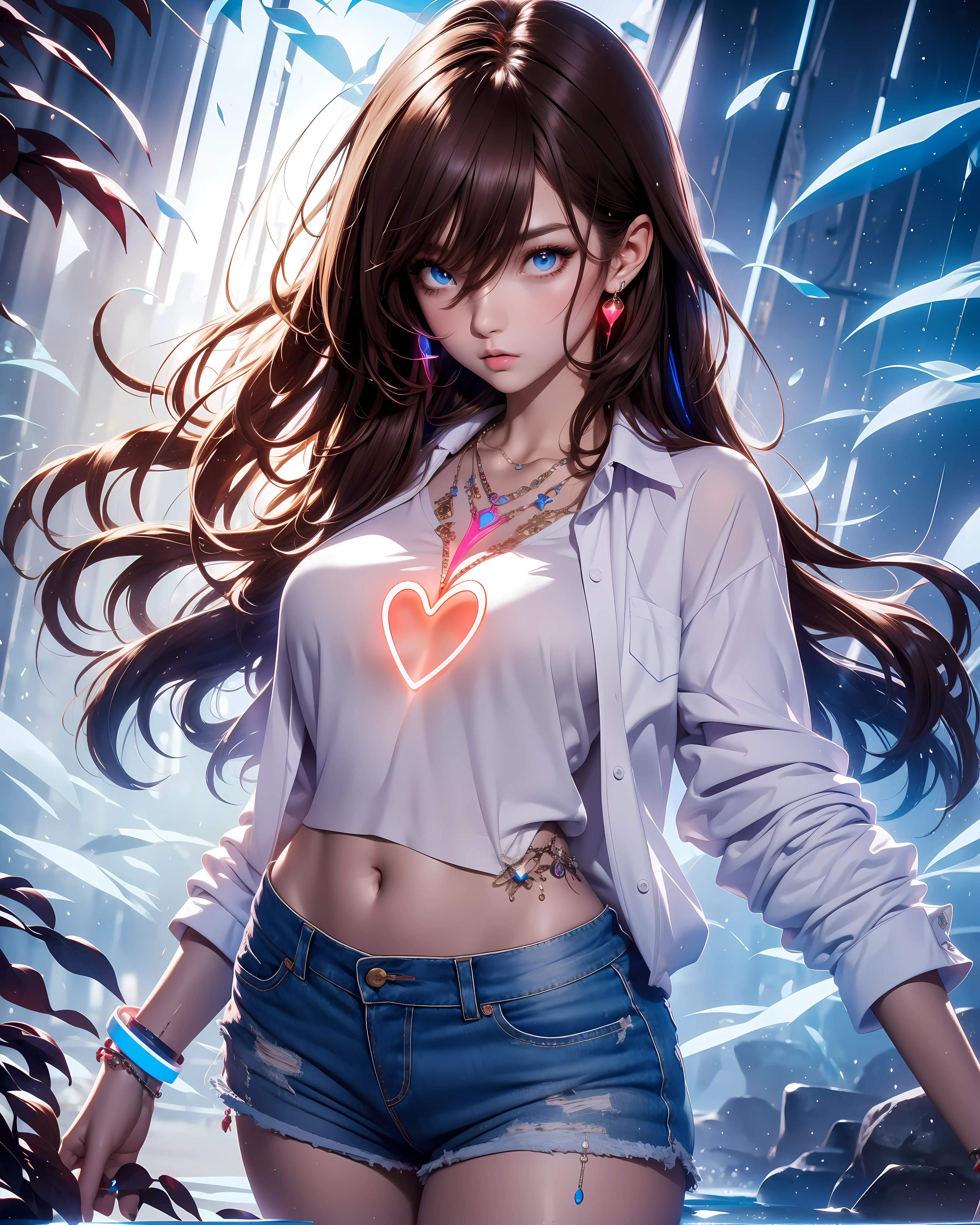 4k, June scenery, Beautiful woman, long hair, brown hair, medium breasts, blue eyes, white shirt, hot pants, neon red heart necklace, looking at viewer, night, colorful hydrangea