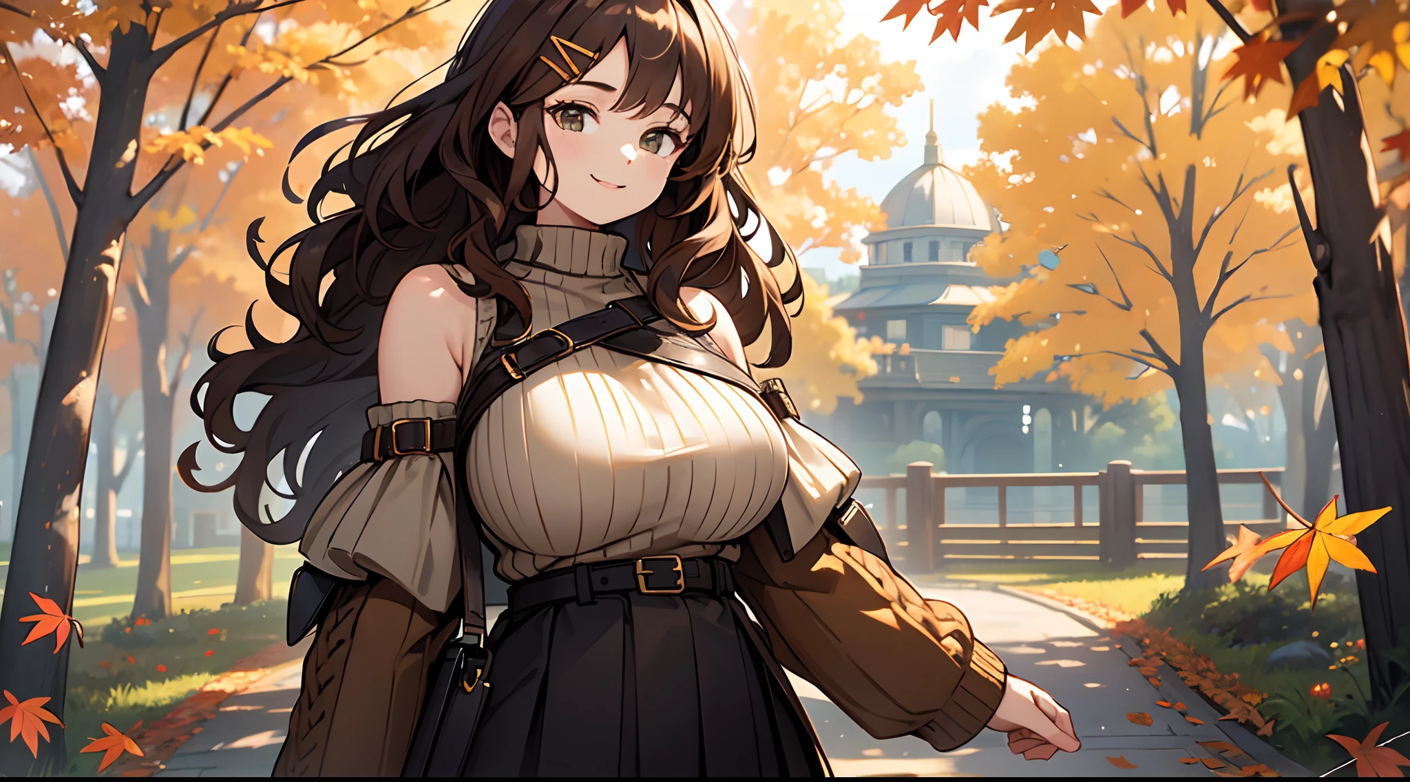 masterpiece,best quality,ultra detailed,8k,tall,big female,gigantic breasts,young,20 years old,medium hair,wavy hair,brown hair,hairclip,happy,smile,brown sweater,ribbed sweater,bare shoulders,detached sleeves,belt buckle,black tights,boots,strapless,fall leaves,park,autumn leaves,outdoors,upper body,standing,