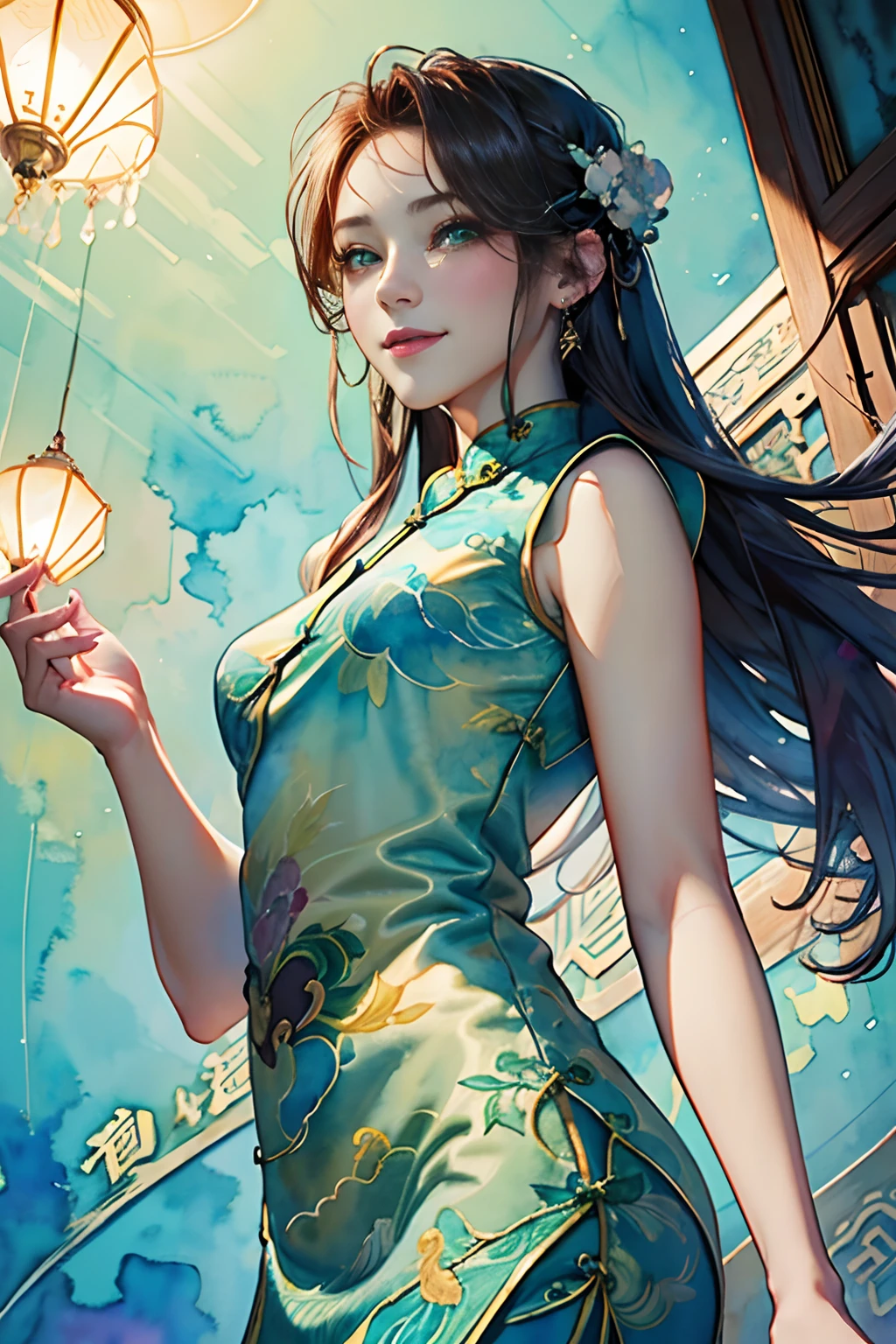 8K,​masterpiece,top-quality, (From below:1.6) ,Dynamic Pose,30-year-old woman with,Portrait, light, Long hair, green eyes, smile, watercolor paiting \(Medium\),watercolor painting,(dark Cheongsam on the body:1.3)