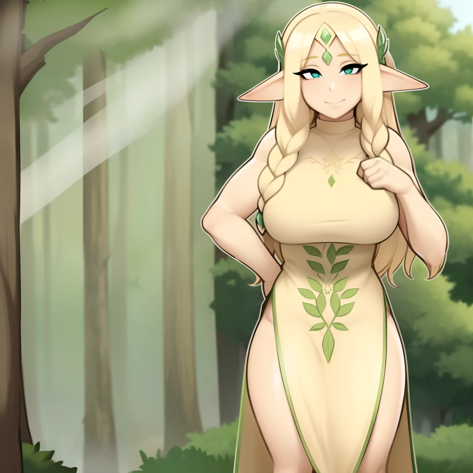 ((High resolution)) (Detailed) (masterpiece) beautiful elf woman, with huge round breasts, long blonde hair, with left bangs, blue eyes, full nude, full body, soft lighting, plants and trees in background, relaxed pose, intricate details, warm colors, smiling, hands down, shy smile, outdoor, summer