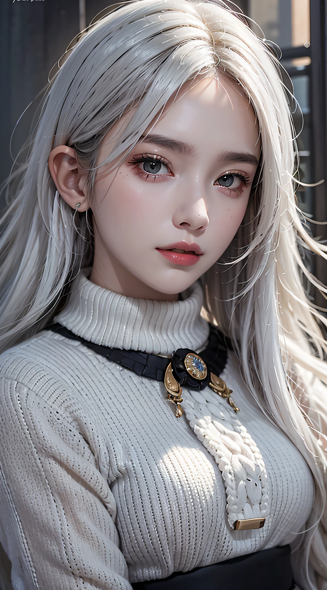 Photorealistic, high resolution, 1womanl, Solo, full bodyesbian, view the viewer, (Detailed face), White hair, Long hair, Sweater, Black skirt，multiple angle，frontage，Lateral face