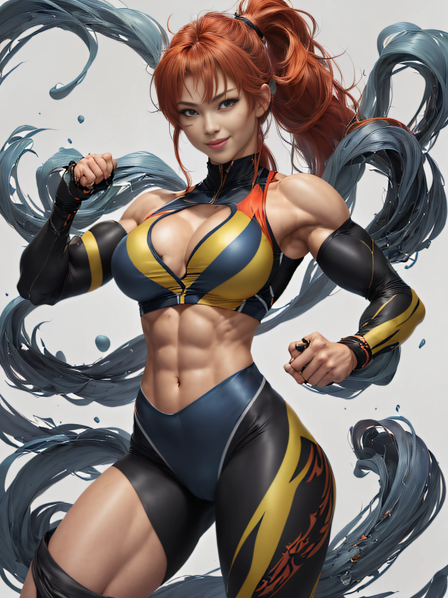 resplendent smile、1 Female Fitness Model、Huge chest on the verge of bursting、thin and long legs、abdominals、musculature、Metallic Orange Training Wear、Half Japan and half American.、25-years old、Height 175cm、Good at sports、blue eyes、Red hair、Pony tail、glistning skin、blue eyes、Pose ready to fight、full-body view