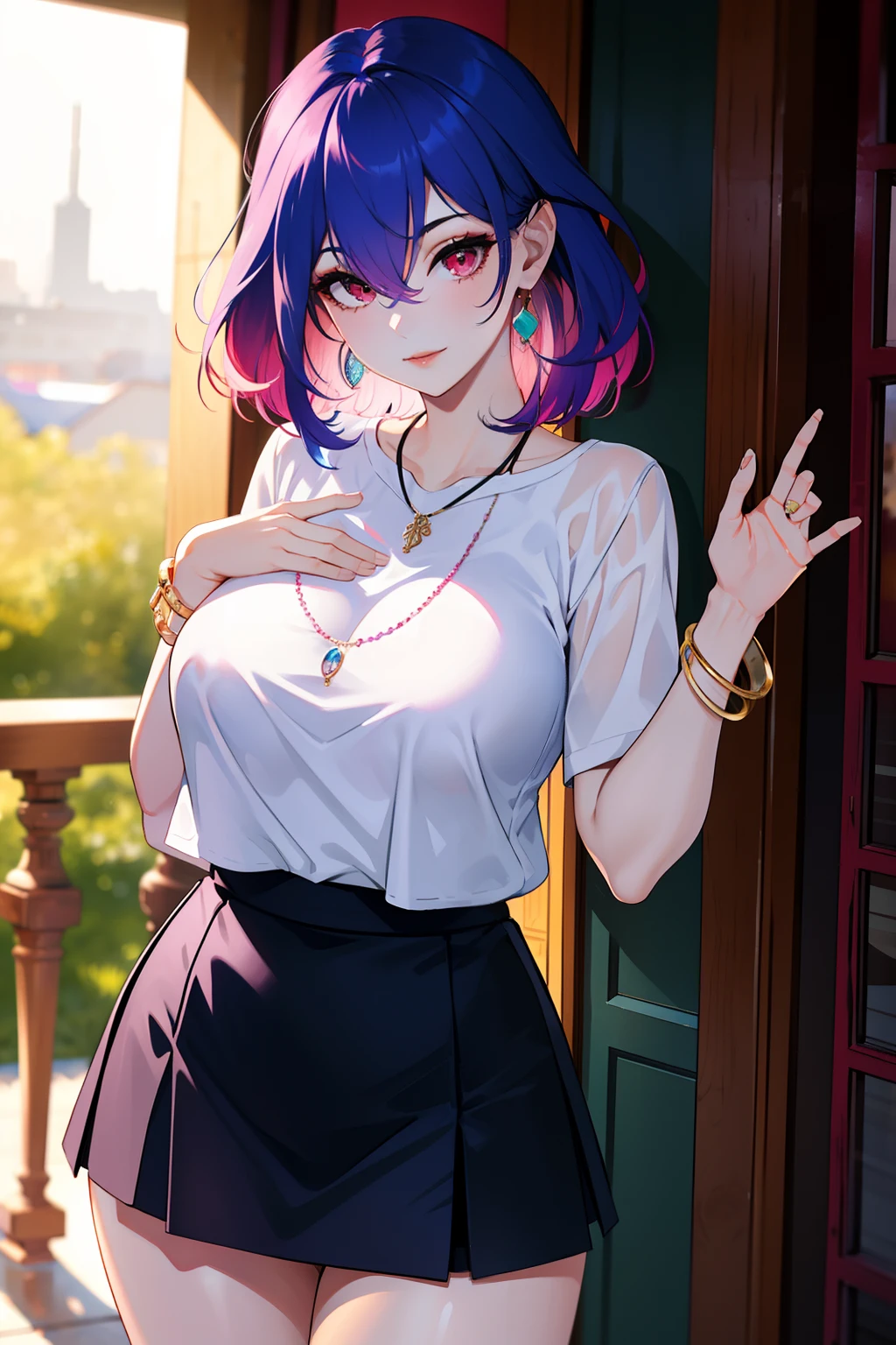 masterpiece, best quality, highly detailed, 1girl, solo, perfect anatomy, slim, red eyes, blue hair, bangs, purple hair, hair between eyes, multicolored hair, gradient hair, pink lips, thick thighs , edgCT, blouse, wearing edgCT, chic top, light smile, detailed background, outdoor, standing, sexy, sunglasses, skirt, earrings, necklace, bracelet,