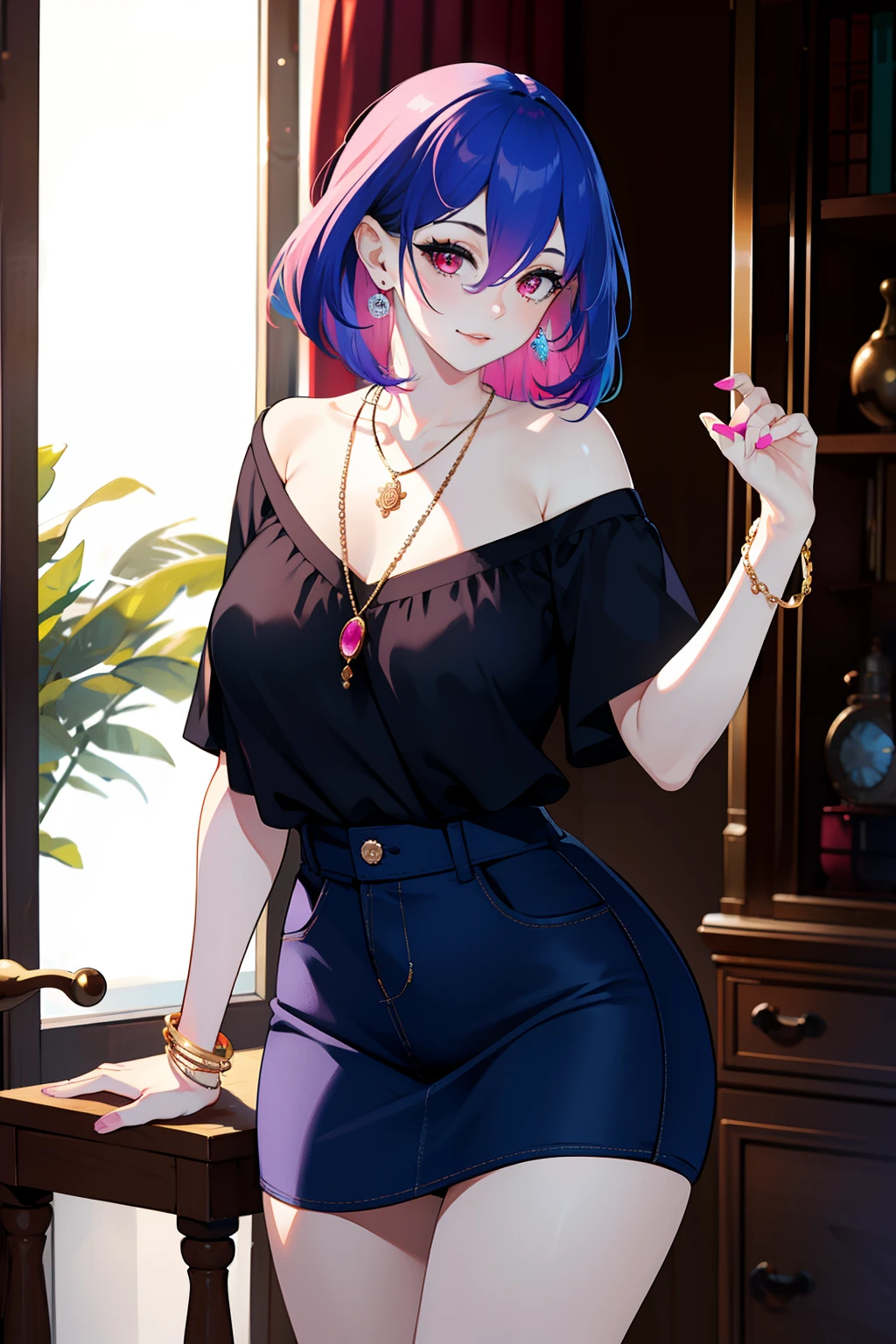 masterpiece, best quality, highly detailed, 1girl, solo, perfect anatomy, slim, red eyes, blue hair, bangs, purple hair, hair between eyes, multicolored hair, gradient hair, pink lips, thick thighs , edgCT, blouse, wearing edgCT, chic top, light smile, detailed background, outdoor, standing, sexy, sunglasses, skirt, earrings, necklace, bracelet,