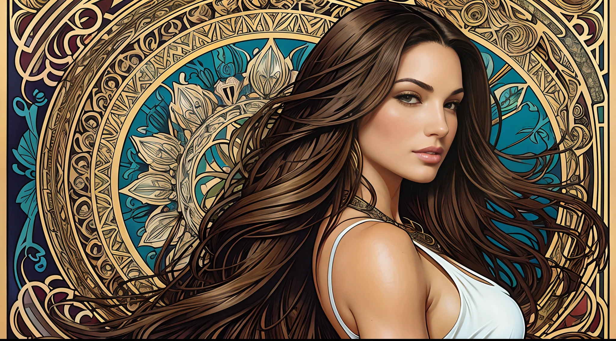 Kelly Brook beautiful woman with long straight hair ,Alphonse Mucha style, Fantastic Paintings by Joe Madureira ,high quality,Tattoo Artist  Montpellier  style ,ultradetailed , uma camiseta ou vestido branco, cabelos loiros, Beautiful woman