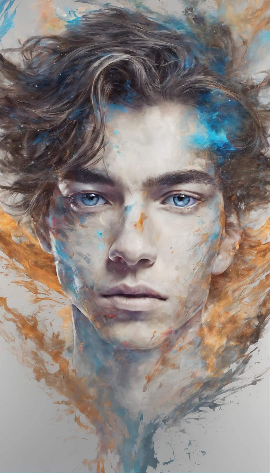 Perfect centralization, Fantastic particles, delight, Standing position, Abstract beauty, centre, Looking at the camera, Facing the camera, nearing perfection, Dynamic, highly  detailed, Liso, foco nítido, 8K, A high resolution, illustration, Art by Carne Griffiths and Wadim Kashin,  A background with distinct strokes, Background with fragment color, tons vívídos, Ink nebula background,  boy, olhos cor de mel, brunette color hair,The shape of the athletic physique, extremely detaile,Dissipate particles