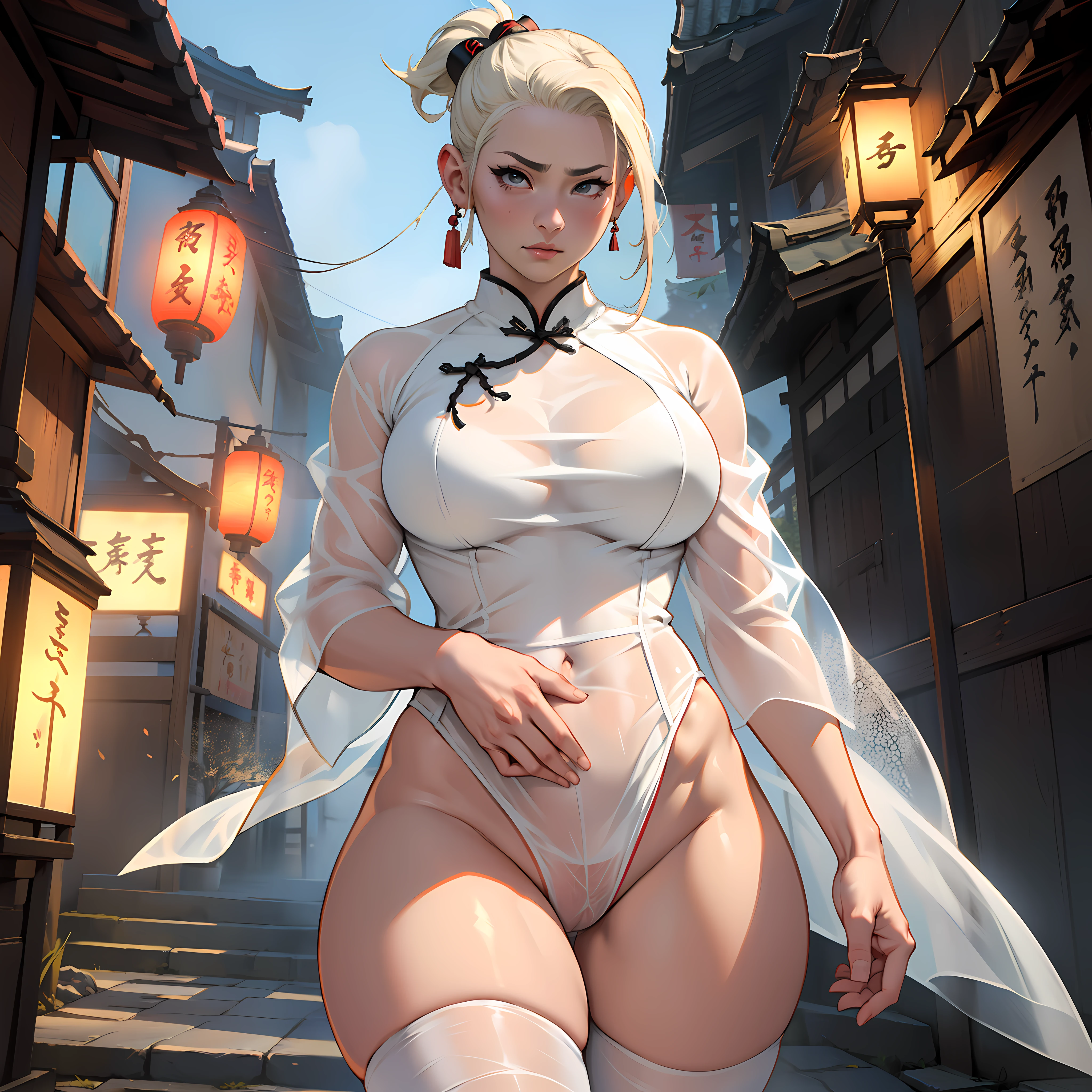 (((yamanaka ino))), (((Partially visible black pubic hair))),(((Tear the cheongsam))),((mature female)),Thick body,(((Solo))),(((completely naked))),(((white see-through cheongsam))),,((dark puffy areola)), ((huge breasts)),((naked cameltoe)),in ryokan,A MILF,trending on artstationh,intricate face details,(Curvy physique), vibrant, 4K, 12k resolution