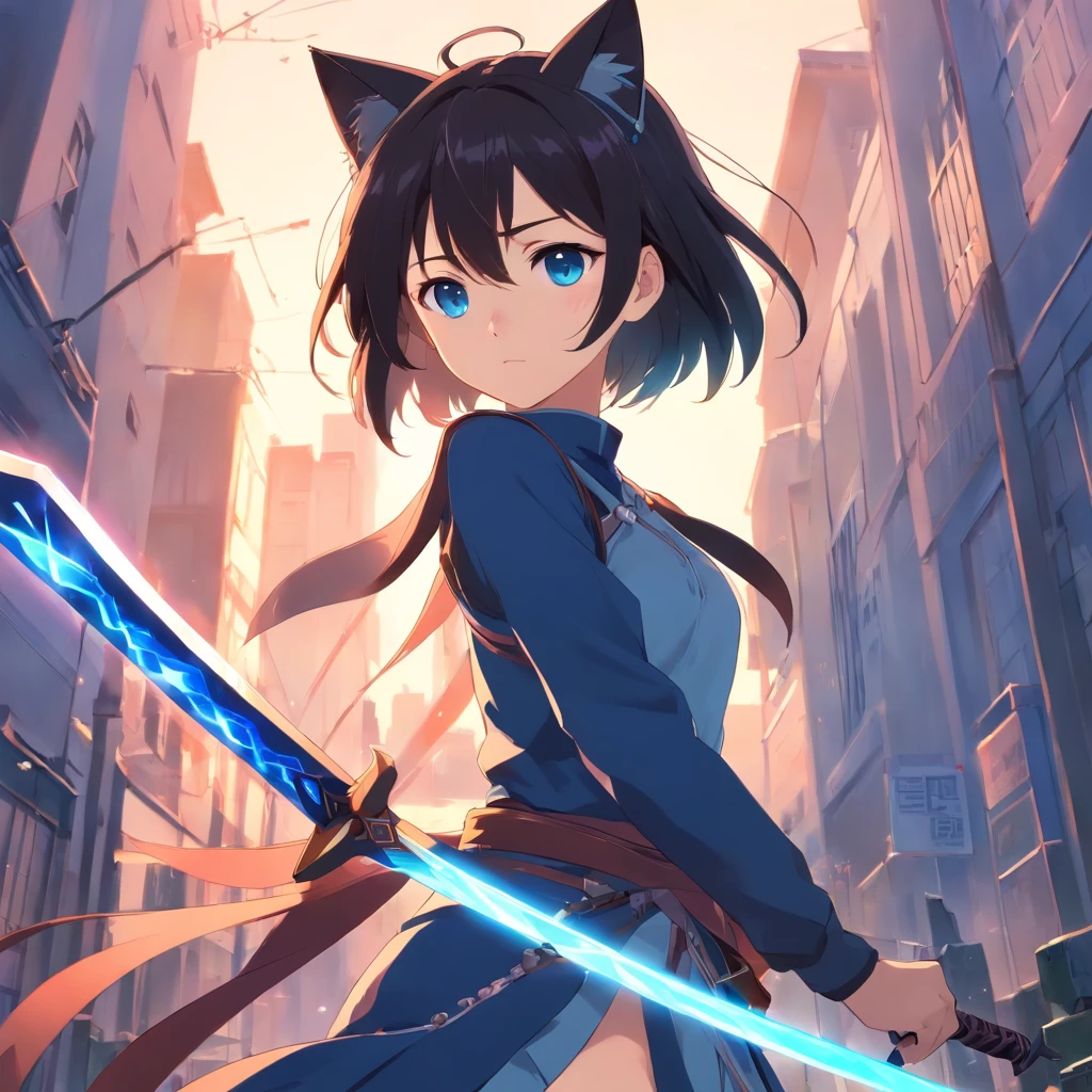 anime, (masterpiece), best quality, expressive eyes, perfect face, short black hair, blue eyes, cat ears, cat tail, armor, great sword