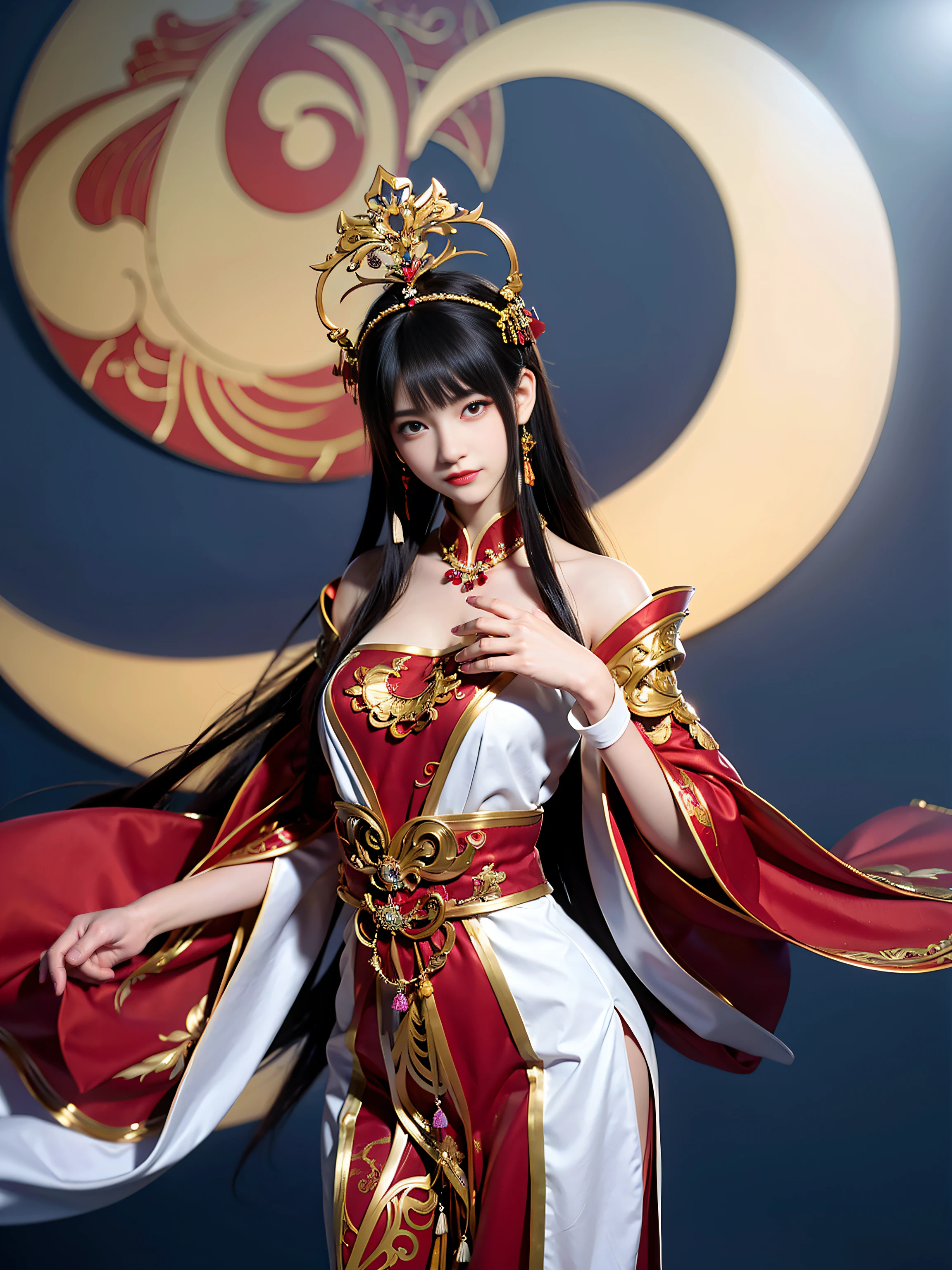 unbelievable Ridiculous,hugefilesize,ultra - detailed,the heirs,The is very detailed,Best quality at best,tmasterpiece,An extremely delicate and beautiful,The is very detailed,CG,Solidarity,8k wallpaper,An Astonishing,finely detailled,tmasterpiece,Best quality at best,offcial art,extremely detailed CGunity8k wallpapers,The upper part of the body,tmasterpiece,Need,(真实感:1.4),A high resolution,long whitr hair,1girll,Arakfi woman posing for a photo in a red dress and headdress,Gorgeous Role Play,beautiful costume,Complex fantasy dresses,beautiful fantasy empress,Chinese dress,Intricate dresses,Complex clothing,Traditional beauty,gorgeous chinese models,Chinese outfit,Inspired by Lanying,Wearing Gorgeous Costume, Inspired by PwC,Wearing an elegant Chinese showwear dress,Chinese wedding dress,Phoenix Guanxia,Antique bride,ssee-through,Bigchest,There are very deep,There is light in the chest,Looming,Extremely Delicately Beautiful,Delicate collarbones,beautiful make up,Exquisite and perfect facial features,looking toward the viewer,photon maping, Radio City, physically-based renderingt, above waist