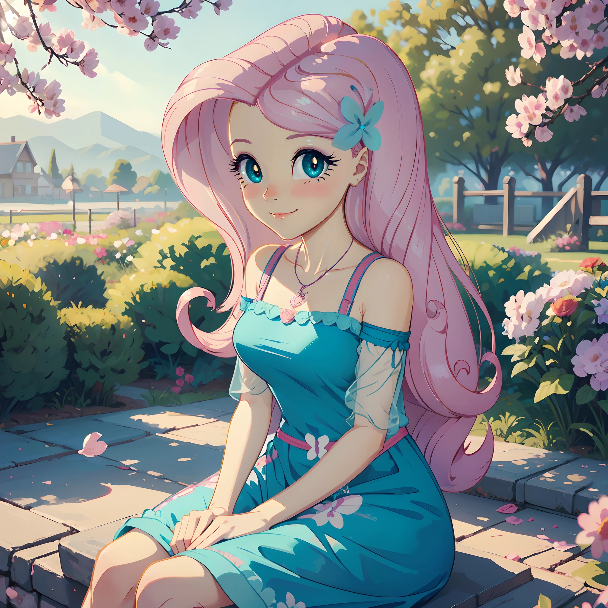 Fluttershy, fluttershy from my little pony, fluttershy in the form of a girl, big lush breast, (best quality, 8k, masterpiece:1.2,),Cutest,Cute girl,solo, ,Beautiful face, Beautiful eyes, Beautiful hair, Light pink long wavy hair, Lots of colorful flowers, sitting down happily but languidly, soft sunlight, vivid colors, shimmering turquoise eyes, falling petals, peaceful garden, butterflies, lovely turquoise dress, innocent smile,blissful atmosphere, serene background, dreamy ambiance, lively atmosphere, sparkling dewdrops, charm, magical garden, pastel hues, gentle breeze, dainty features,endearing beauty, enchanted scenery.