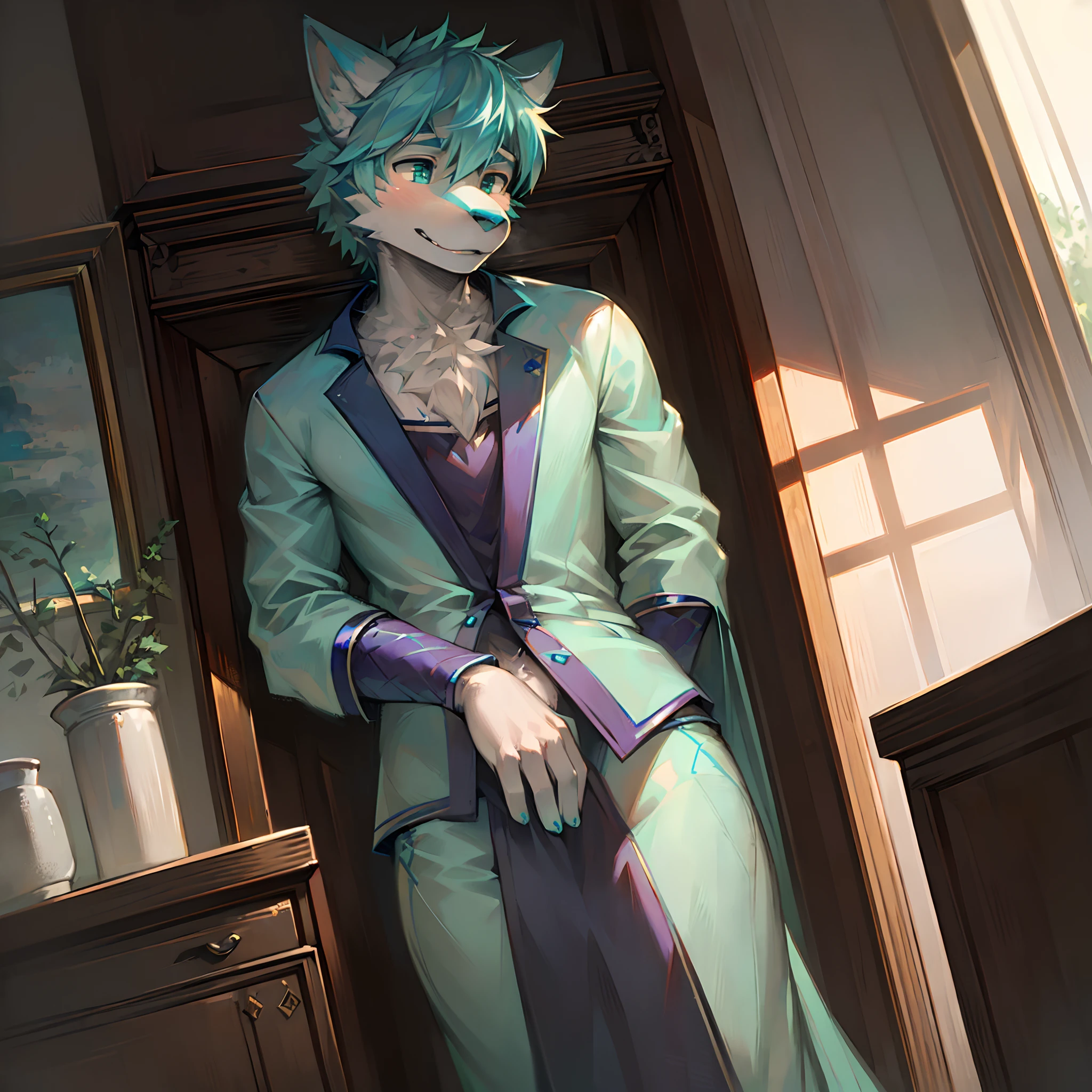 (Best quality,4K,8K,A high resolution,Masterpiece:1.2),Ultra-detailed,(Realistic,Photorealistic,photo-realistic:1.37),mint green,White,Aqua blue, Wolf ear features, Dragon horn features, full bodyesbian, Anime style, mint green, Aqua blue, White clothes, Aqua blue cape, Cute, Handsome, front and back view, Aqua blue wolf tail