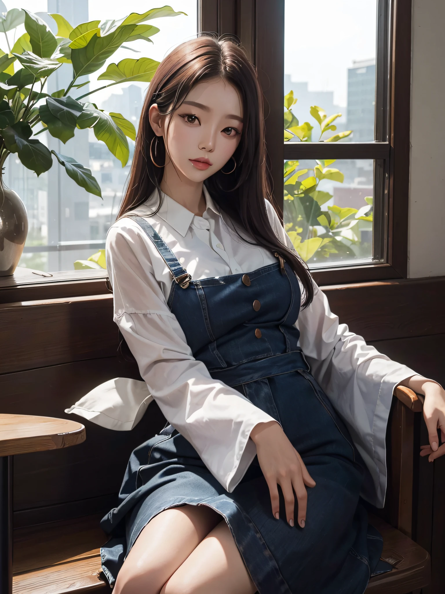 Photo of Leegahyeon's Korean woman in the café sitting at the table holding the sunlight from the café window, cabelos azuis, dynamic pose, textura da pele, pale skin, pele brilhante, (esguio, pequeno:1.2), [:(face sharp focus, Rosto detalhado, olhos perfeitos, Olhando para o Viewer:1.2):0.2], fotorrealista, filmic grain, best quality, master part