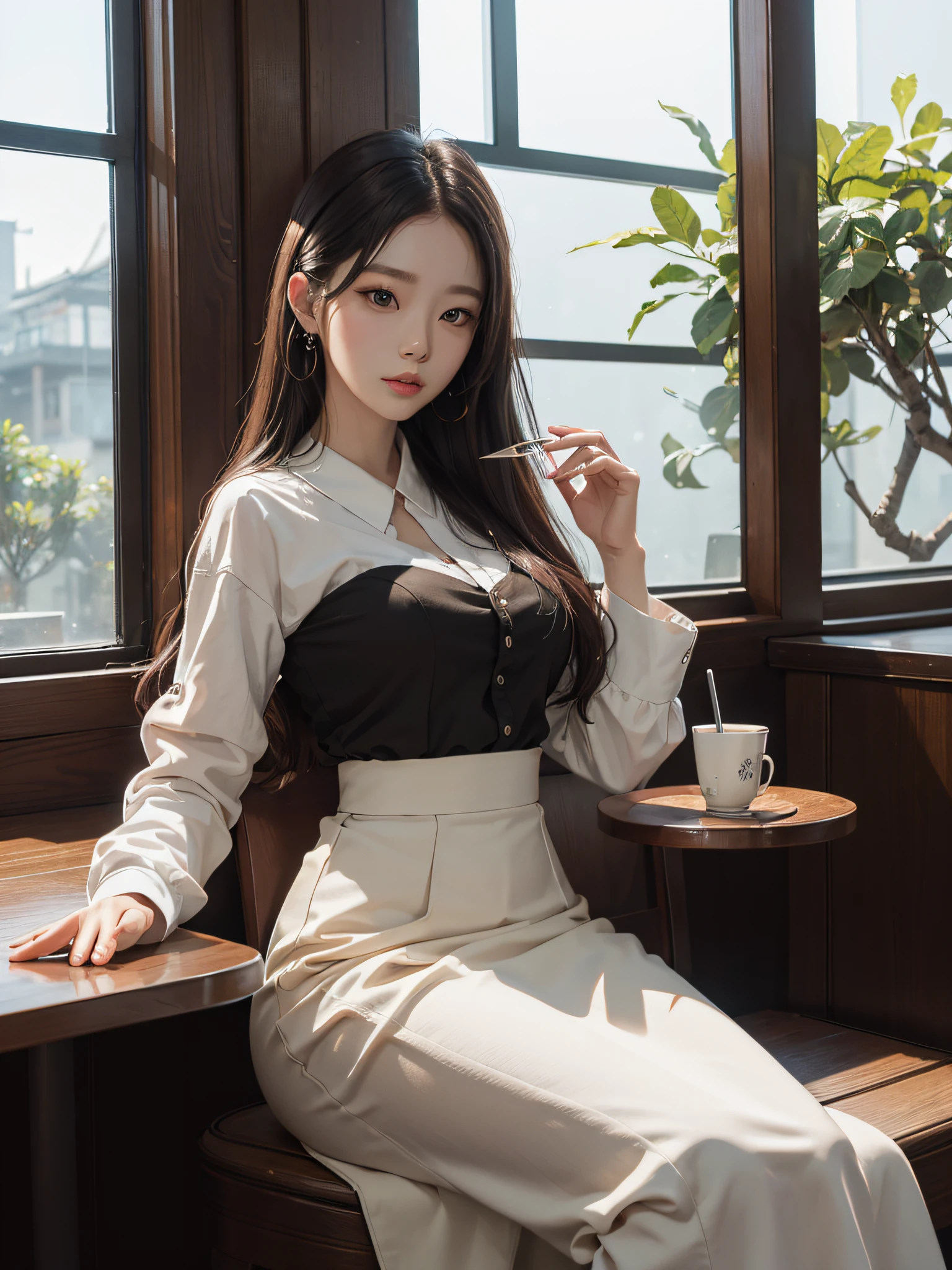 (masterpiece: 1.3), (8k, Realistic, RAW Photos, highest quality: 1.4), (One girl), Shallow depth of field, Face in focus, Soft Focus, Beautiful Face, (Backlight: 1.5), (Surroundings: 1.3), (Realistic Face), (Black Hair, Medium Short: 1.3), Loose wavy hair, Short bangs, Realistic eyes, Dark brown eyes, Pupil highlights, Beautiful details in the eyes, (Plenty of natural light), (Realistic Skin), Beautiful Skin, cardigan, (White collar blouse), (flare skirt), (pumps), clock, Small handbag, Absurd, Charm, 超High resolution, Ultra-realistic, High resolution, Golden Ratio, Detailed dining café background, Computer on the table, holding a coffee tumbler, The light from the window behind is backlit., The light is a pale skylight、filled with natural light, Natural lighting from diagonally in front of the face