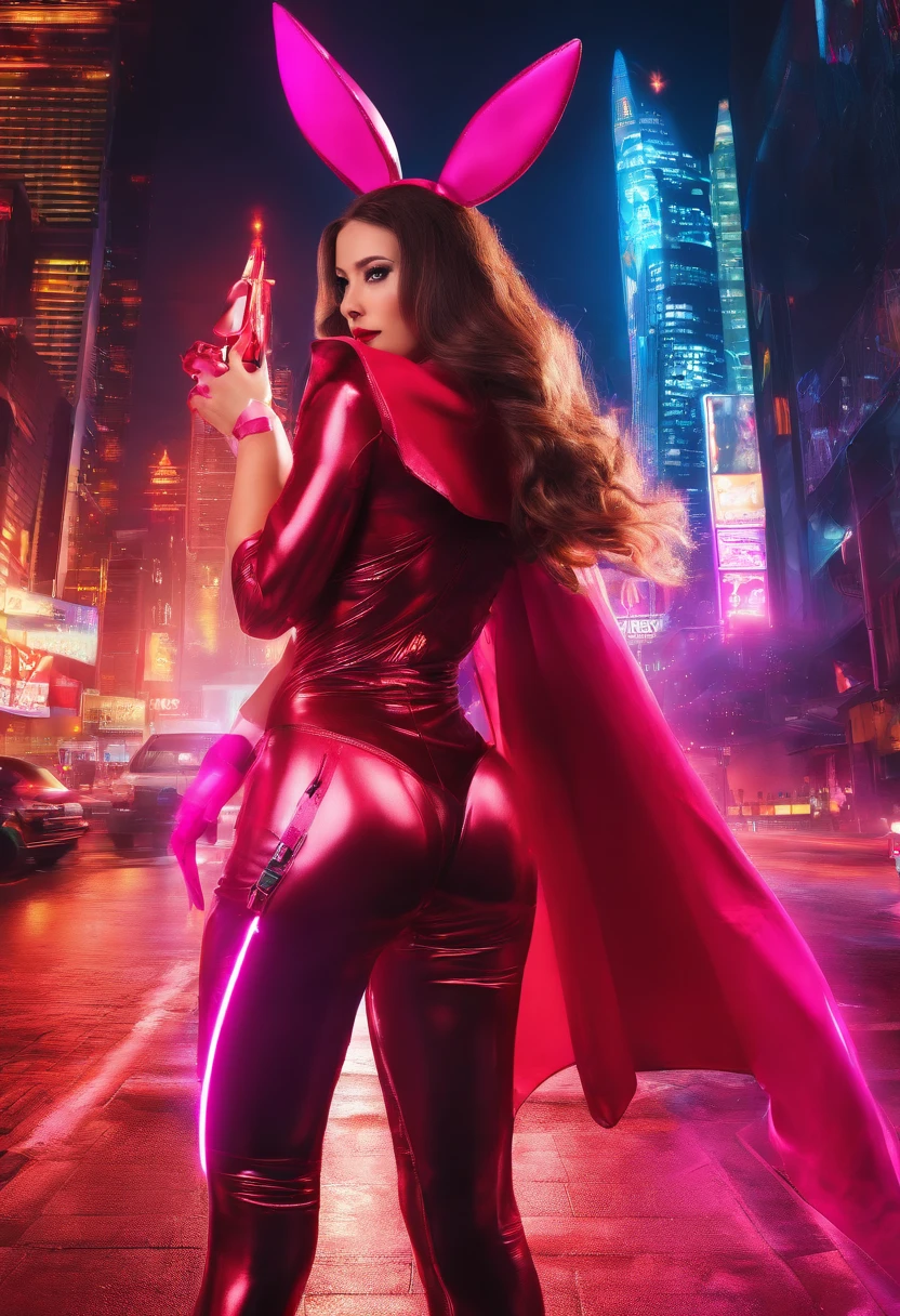back view, brunette 18 yo exotic girl with dark eyeliner and eyeshadow, wearing (red high cut playboy bunny micro-bodysuit thong with hot pink pantyhose), deep cameltoe, red stiletto gogo boots, red gloves, long pvc red shrug cape, long dark hair and cape blowing wildly, both arms hands pointing directly at the camera, cosmic jack kirby kirby-crackle effect background, scarlet witch cosplay