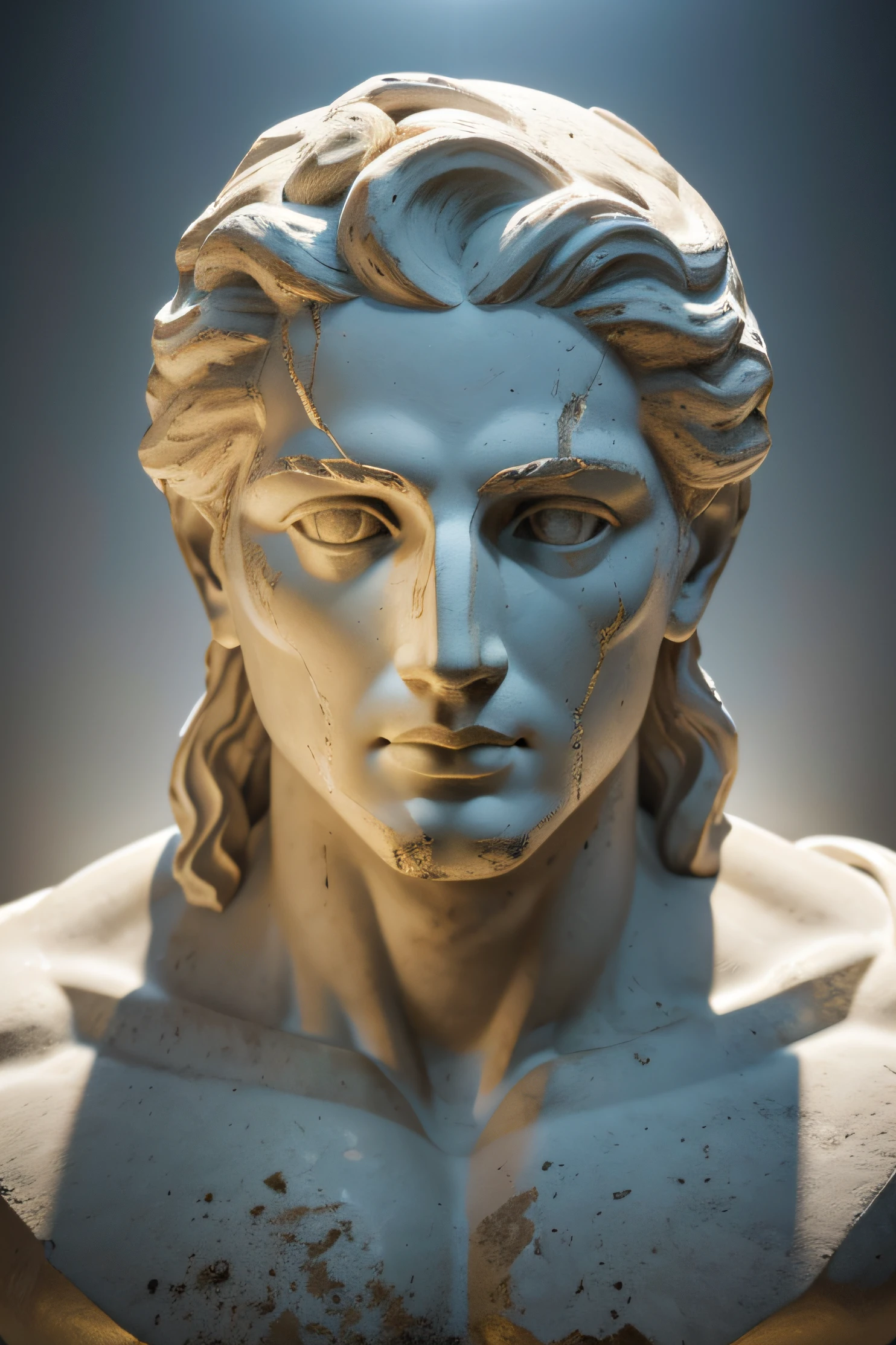 Greek statue of Apollo marble portrait scultpture of a Greek god face in a destroyed place, Cinematography, epic light and shadow, muito contraste, fotografia profissional, (8k high resolution) (melhor qualidade) (Ultra Definition) (Ultra realista)(Foto RAW) (Foto realista) (bright illumination)