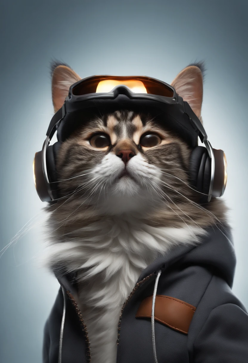 Perfect centering, a cute little cat, Wear a jacket, Wearing sunglasses, Wearing headphones, cheerfulness, Standing position, Abstract beauty, Centered, Looking at the camera, Facing the camera, Approaching perfection, Dynamic, Highly detailed, Smooth, Sharp Focus, 8K