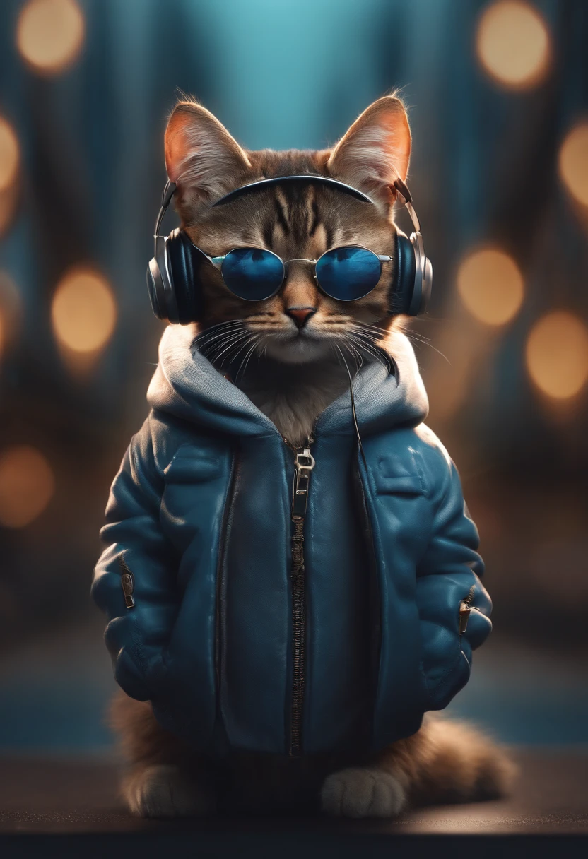 Perfect centering, a cute little cat, Wear a jacket, Wearing sunglasses, Wearing headphones, cheerfulness, Standing position, Abstract beauty, Centered, Looking at the camera, Facing the camera, Approaching perfection, Dynamic, Highly detailed, Smooth, Sharp Focus, 8K