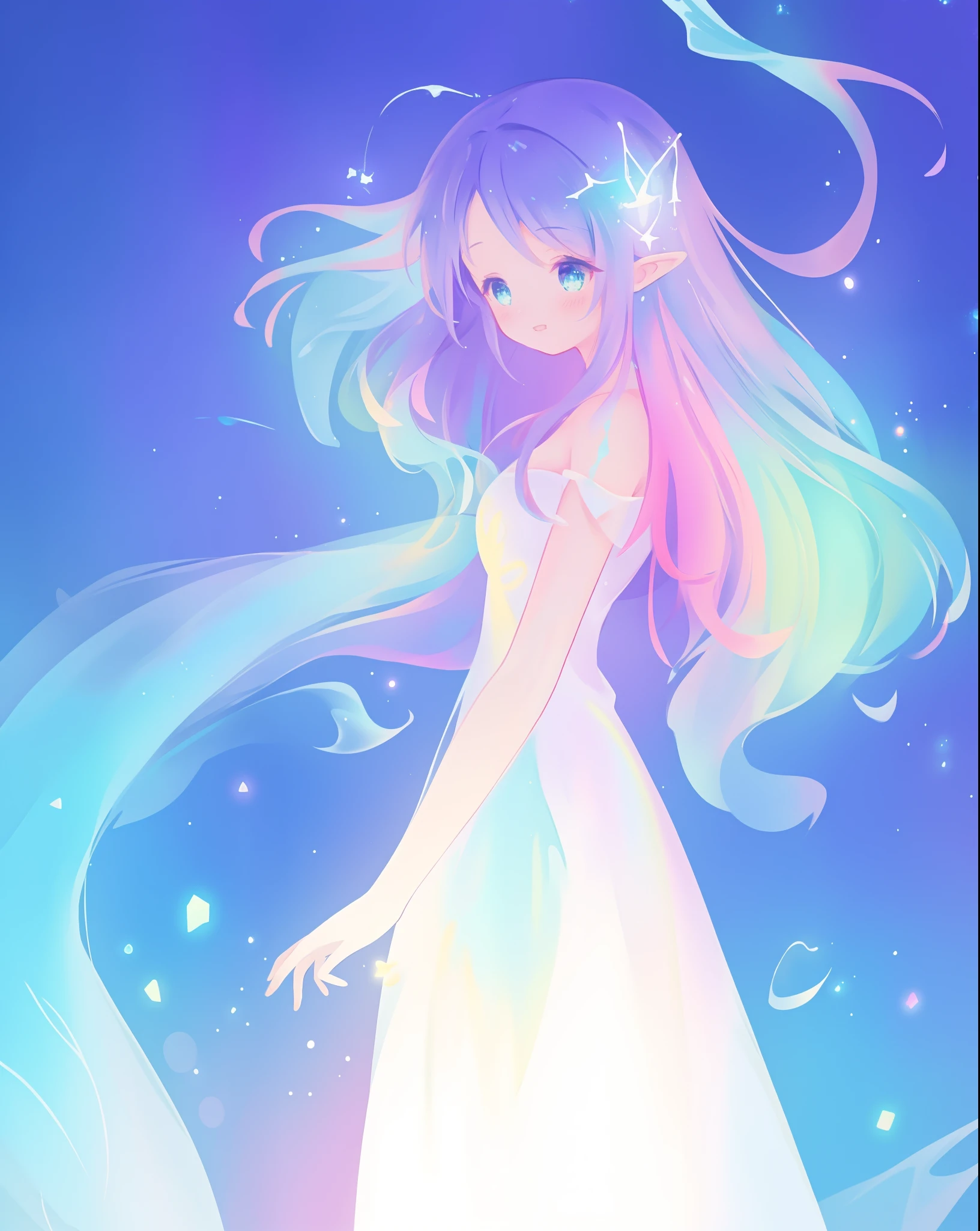 beautiful girl, simple white princess ballgown, vibrant pastel colors, (colorful), colorful flowing long liquid hair, magical lights, sparkling magical liquid, inspired by Glen Keane, inspired by Lois van Baarle, disney art style, by Lois van Baarle, glowing aura around her, by Glen Keane, jen bartel, glowing lights! digital painting, flowing glowing hair, glowing flowing hair, beautiful digital illustration, fantasia background, whimsical, magical, fantasy, ((masterpiece, best quality)), intricate details, highly detailed, sharp focus, 8k resolution, sparkling detailed eyes, liquid watercolor