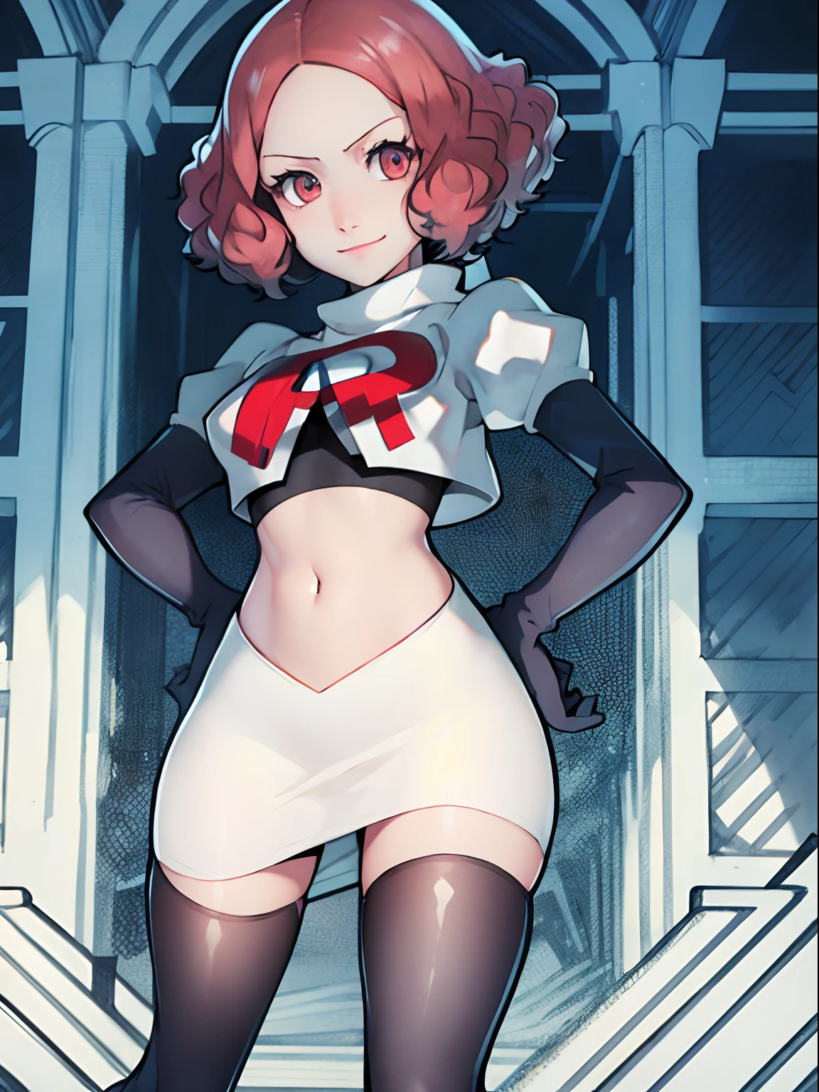 Haru Okumura (persona 5), team rocket uniform, white jacket, white skirt, pencil skirt, miniskirt, black thighhigh boots, black elbow gloves, hand on hip, midriff, red letter "R", evil smile