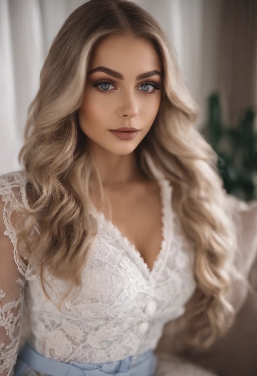Woman in lace panties and white vest,Big and perfect figure, Sexy girl with blue eyes, portrait sophie mudd, Portrait of Corinna Kopf, blonde hair and large eyes, Selfie of a young woman, Eyes in the bedroom, Violet Myers, Orn makeup, Natural makeup, look straight at the camera, face with artgram, dezentes Make-up, Stunning full-body shots, in a bedroom, fission