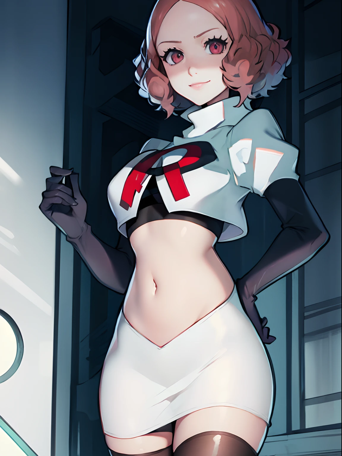 Haru Okumura (persona 5), team rocket uniform, white jacket, white skirt, pencil skirt, miniskirt, black thighhigh boots, black elbow gloves, hand on hip, midriff, red letter "R", evil smile
