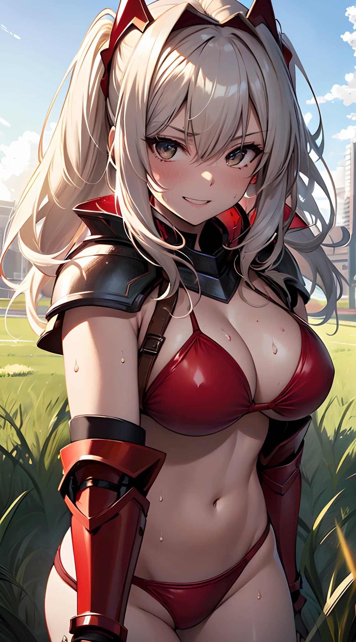 top-quality、supreme１People Girls,hightquality,, ((masuter piece)), ((High resolution)), ((Best Quality)), detail, (NSFW:1.3 ,cum faced、Excited face.Very happy,), ((Skin shiny with sweat)), (Red Bikini Armor:1.5)、 girl with, Silvery hair, (Half Twin Tail)、Brown skin tone:1.3、Colossal tits,  eye glass、、cinmatic lighting, perfectly shaded,(((grass field))), Realistic lighting with shades,