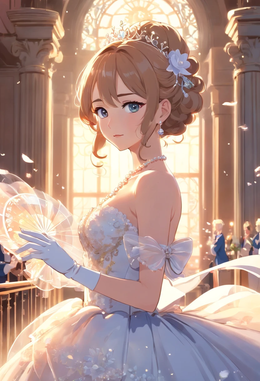 Best quality, Masterpiece, a stunningly beautiful Greer Grammer as a royal bride wearing a stately and elaborate royal wedding dress of white satin and tulle adorned with huge ribbon bows, lace, frills, flounces, embroidery and jewels, with enormous puffed sleeves, an hourglass waist and a voluminous crinoline hoopskirt, bustle, and train, long white gloves, pearl necklace and earrings, elaborately curled and styled hair