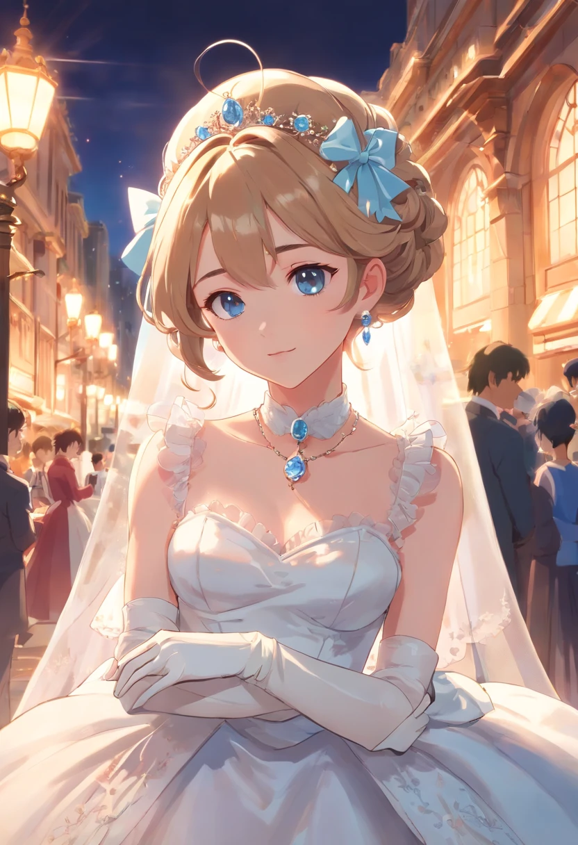 Best quality, Masterpiece, a stunningly beautiful Greer Grammer as a royal bride wearing a stately and elaborate royal wedding dress of white satin and tulle adorned with huge ribbon bows, lace, frills, flounces, embroidery and jewels, with enormous puffed sleeves, an hourglass waist and a voluminous crinoline hoopskirt, bustle, and train, long white gloves, pearl necklace and earrings, elaborately curled and styled hair