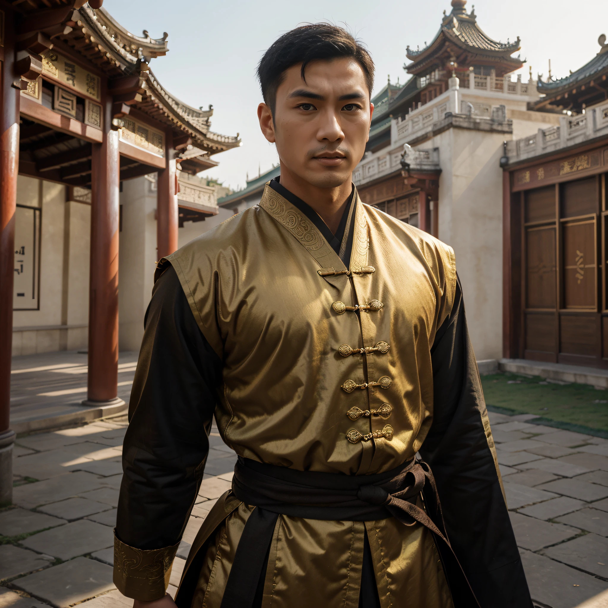 A handsome oriental man, who has strong martial arts skills and is very chivalrous and righteous, similar to the unparalleled hero in Chinese martial arts novels. The background is a palace, the light is very good, high-definition full-body portrait