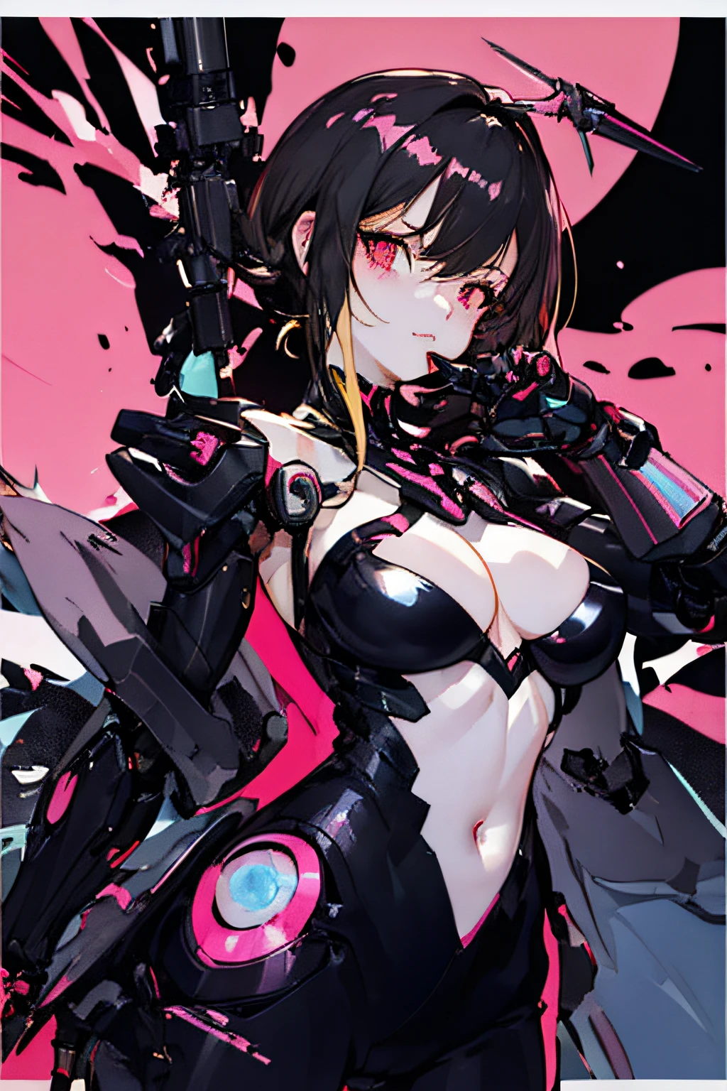 Close up portrait of a woman in a black and pink costume, cybercore, android heroine, Girl in Mecha Cyber Armor, dynamicposes、holding swords、Cyberpunk anime girl mecha, Cute cyborg girl, Cyborg girl, Digital Cyberpunk Anime Art, an oppai cyberpunk, y 2 k cybercore, anime cyberpunk art, Perfect Anime Cyborg Woman, Cyberpunk Anime Girl, female cyberpunk anime girl