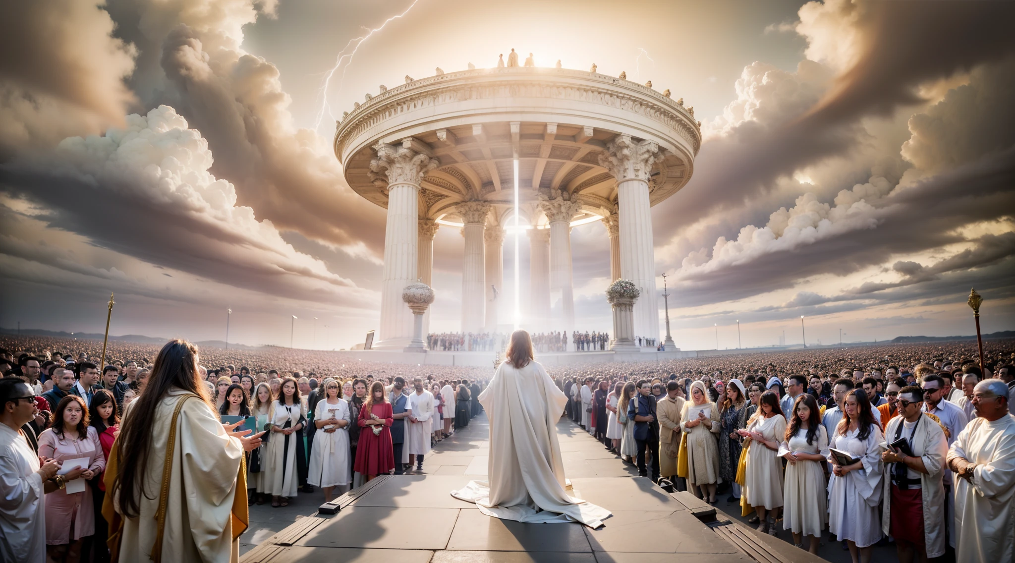 A stunning image depicting the Doomsday scenario, conforme descrito em Apocalipse 20:11. O trono branco onde Jesus se senta se destaca no centro da cena, surrounded by white clouds and lightning, simbolizando a majestade divina. Powerful angels are present, solemnly watching the opening of the books, representing the records of each individual's actions. an untold crowd of people, aguardando seu destino eterno. The mood is one of reverence and awe before the divine justice that will be established.