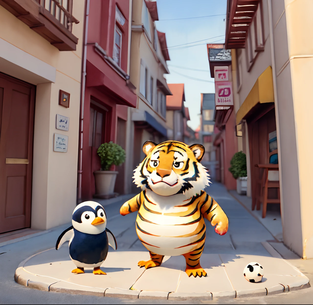 Masterpiece, (watercolor:1.3), (short stack:1.1), a nice fat tiger and a cute penguin playing soccer in the street