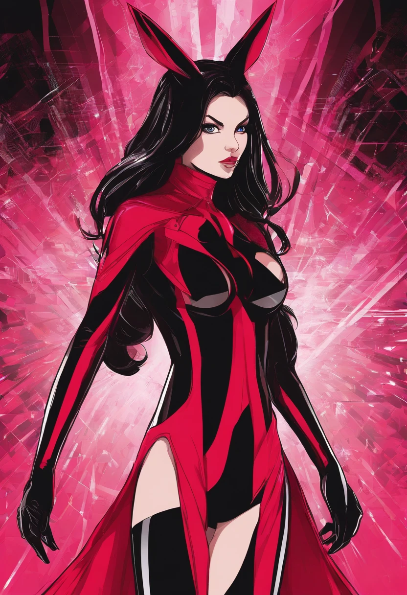 back view, brunette 18 yo exotic girl with dark eyeliner and eyeshadow, wearing (red high cut playboy bunny micro-bodysuit thong with hot pink pantyhose), deep cameltoe, red stiletto gogo boots, red gloves, long pvc red shrug cape, long dark hair and cape blowing wildly, both arms hands pointing directly at the camera, cosmic jack kirby kirby-crackle effect background, scarlet witch cosplay