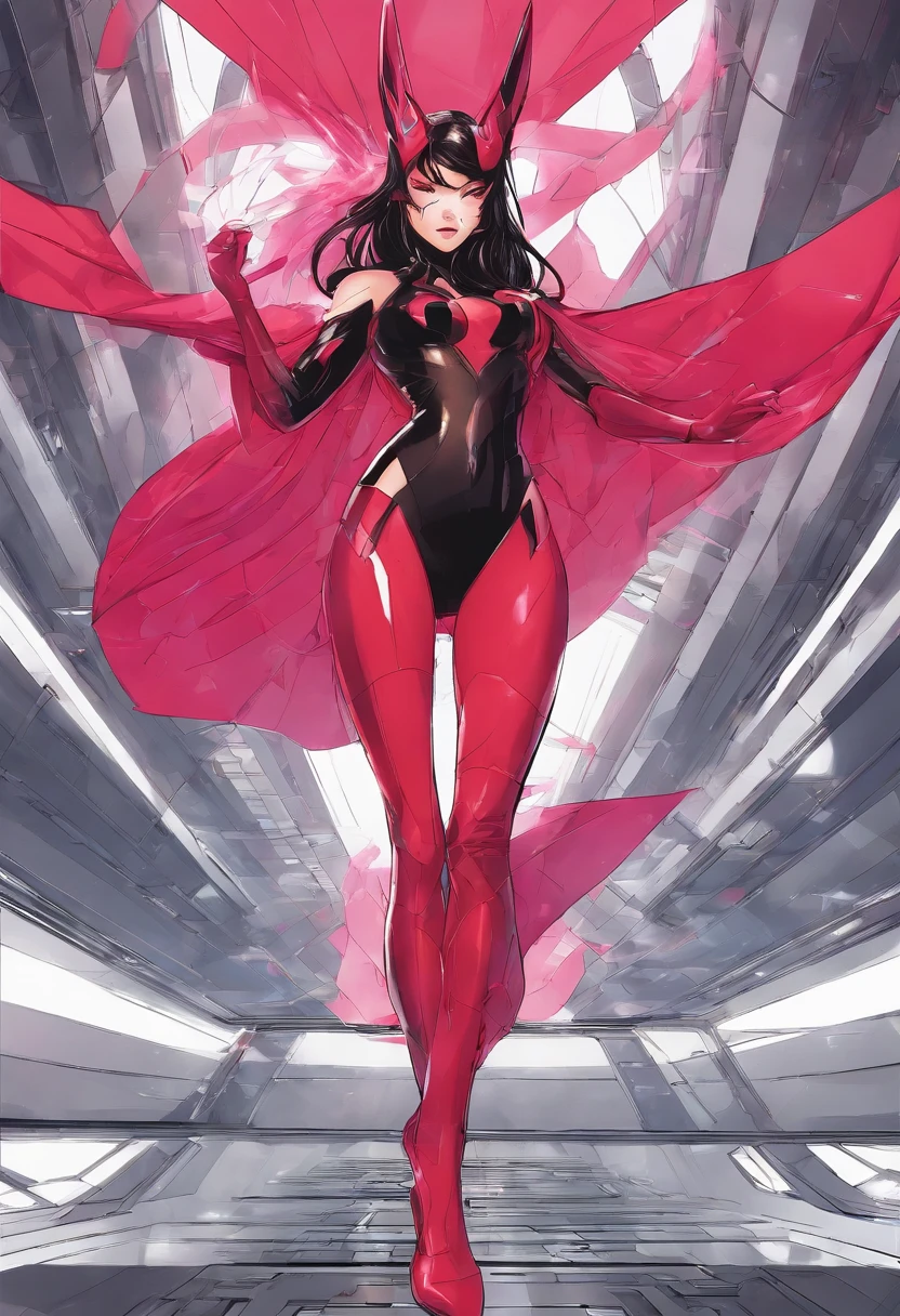 back view, brunette 18 yo exotic girl with dark eyeliner and eyeshadow, wearing (red high cut playboy bunny micro-bodysuit thong with hot pink pantyhose), deep cameltoe, red stiletto gogo boots, red gloves, long pvc red shrug cape, long dark hair and cape blowing wildly, both arms hands pointing directly at the camera, cosmic jack kirby kirby-crackle effect background, scarlet witch cosplay