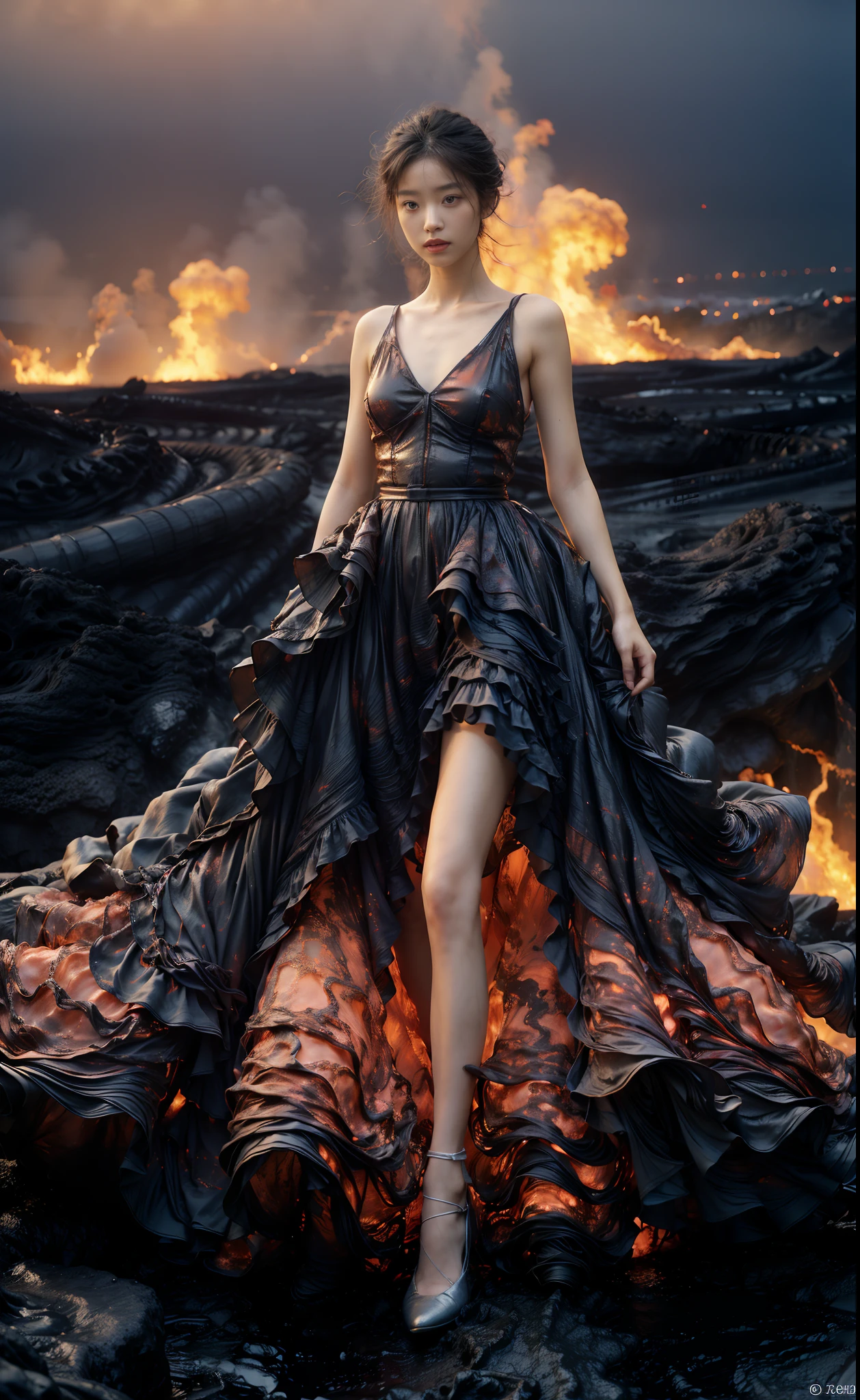 (8K, RAW photo, Best quality,Masterpiece:1.2),(Realistic, photo-realistic:1.37), 1girll,Long legs, full bodyesbian,(molten lava:1.3),Ocean,Dress made of magma in the shape of a rose，a volcano erupts，Magma flow，Infrared photography, 1.4x realism，UHD，textured skin，(anatomy correct，Accurate and perfect Korean female face，Golden ratio)