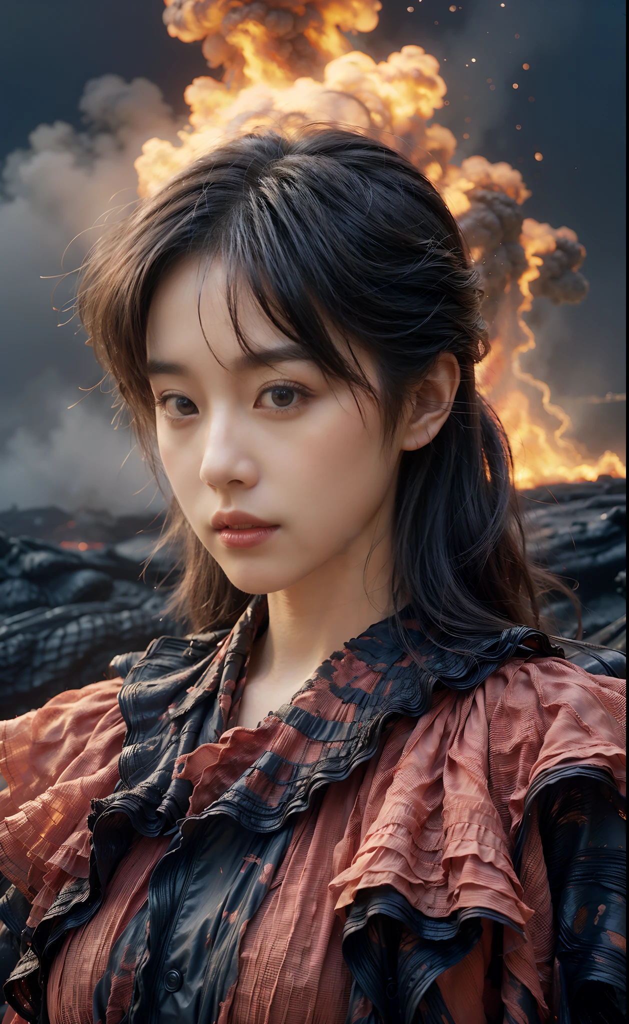 (8K, RAW photo, Best quality,Masterpiece:1.2),(Realistic, photo-realistic:1.37), 1girll,Long legs, full bodyesbian,(molten lava:1.3),Ocean,Dress made of magma in the shape of a rose，a volcano erupts，Magma flow，Infrared photography, 1.4x realism，UHD，textured skin，(anatomy correct，Accurate and perfect Korean female face，Golden ratio)