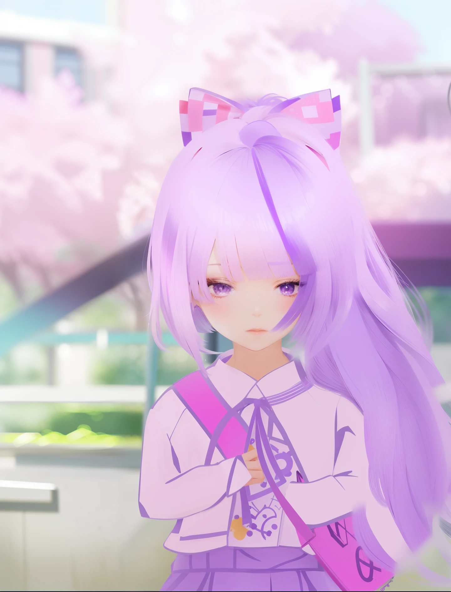 1girl,Hair color is light purple, right eye color is red, left eye color is purple and a dark purple line, is carrying a light purple bag, has a pink ribbon with a purple love pattern, is tall and natural, her hair is tied in a ponytail, and is human.