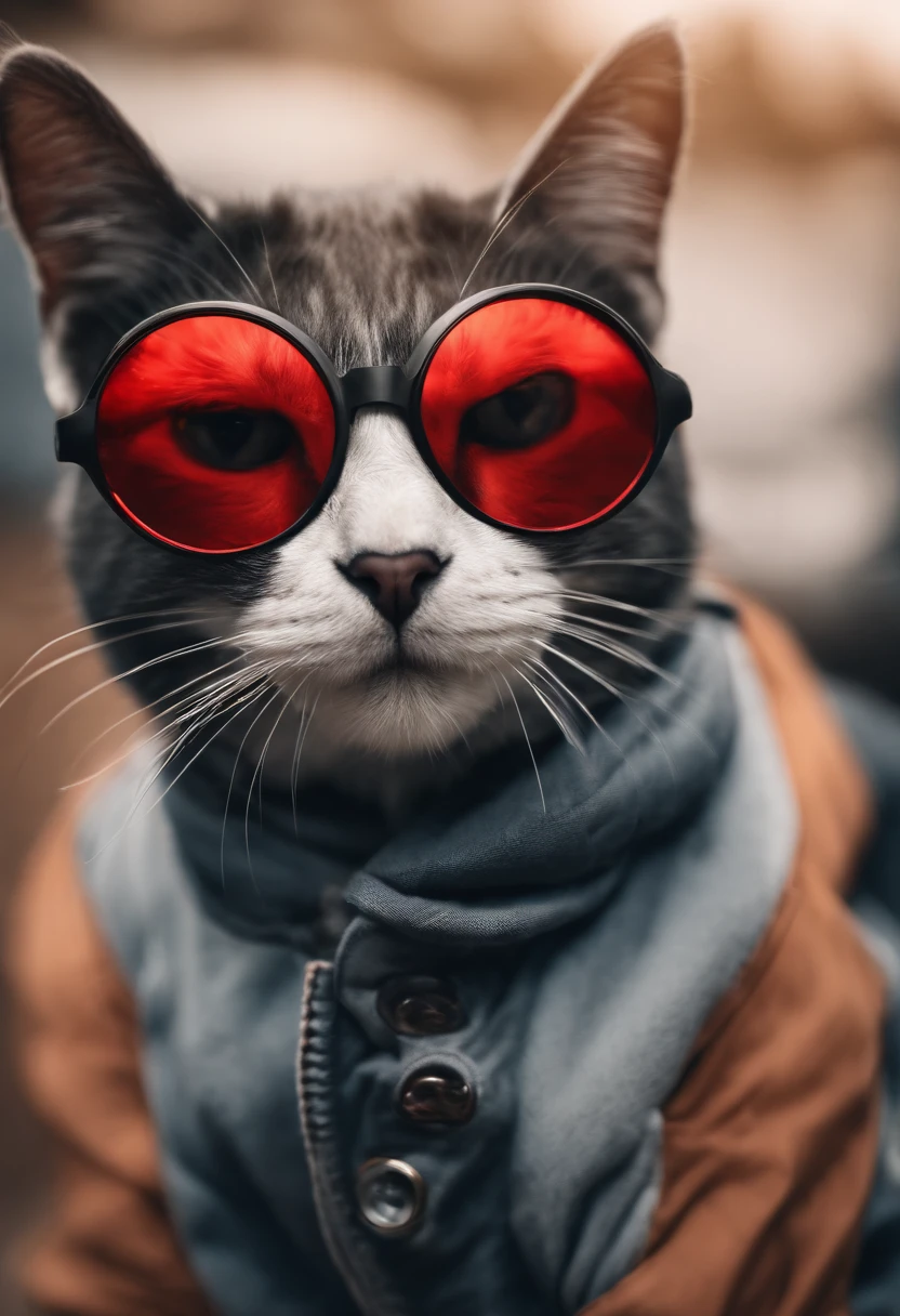 Perfect centering, a cute little cat, Wear a jacket, Wearing sunglasses, Wearing headphones, cheerfulness, Standing position, Abstract beauty, Centered, Looking at the camera, Facing the camera, Approaching perfection, Dynamic, Highly detailed, Smooth, Sharp Focus, 8K、red sun glasses